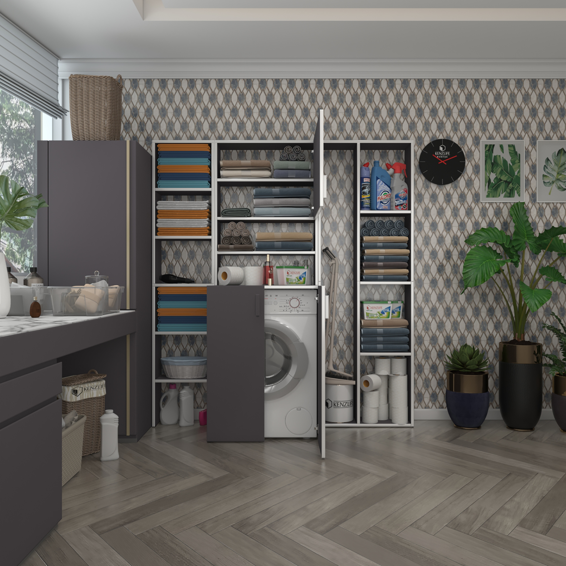 Kenzlife çamaşır makinesi dolabı kasparovmega gri 180*156*55-20 banyo kapaklı arkalıksız