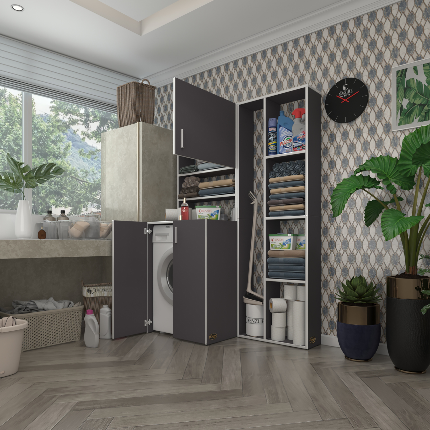 Kenzlife çamaşır makinesi dolabı kasparovsüpürge gri 180*126*55-20 banyo kapaklı arkalıksız