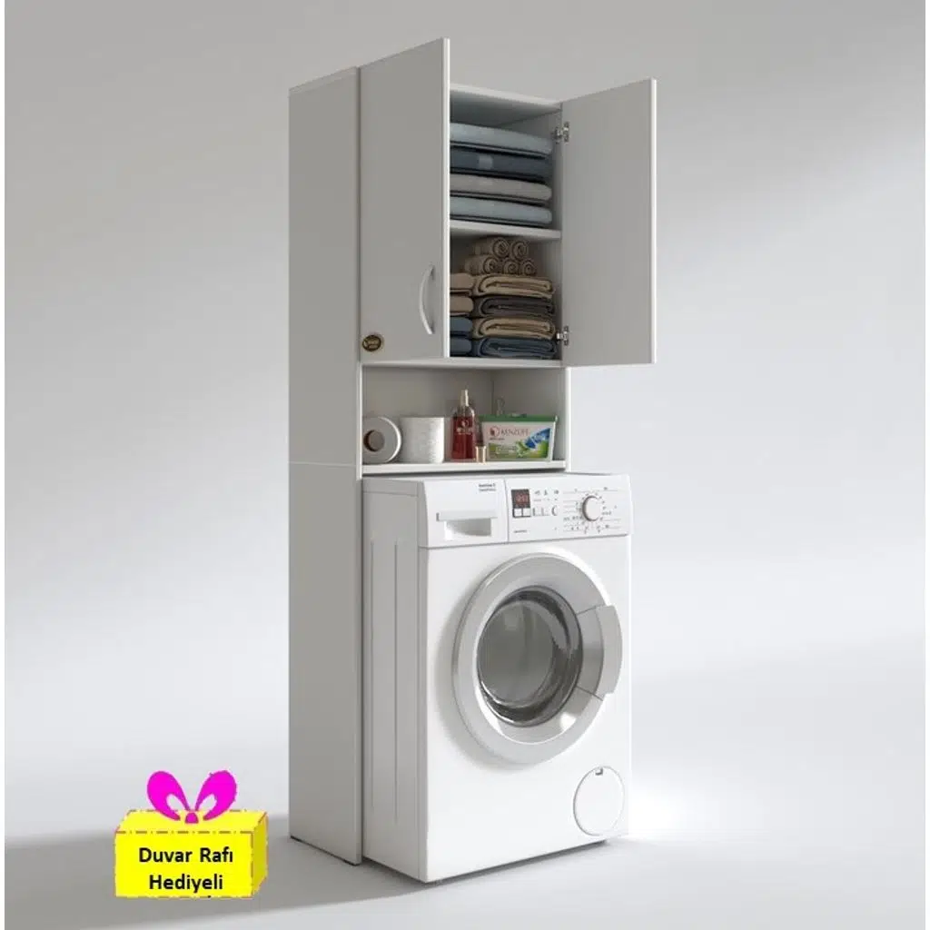 Kenzlife çamaşır makinesi dolabı sinem byz 180*066*30 banyo arkalıklı + tekli duvar rafı hediyeli