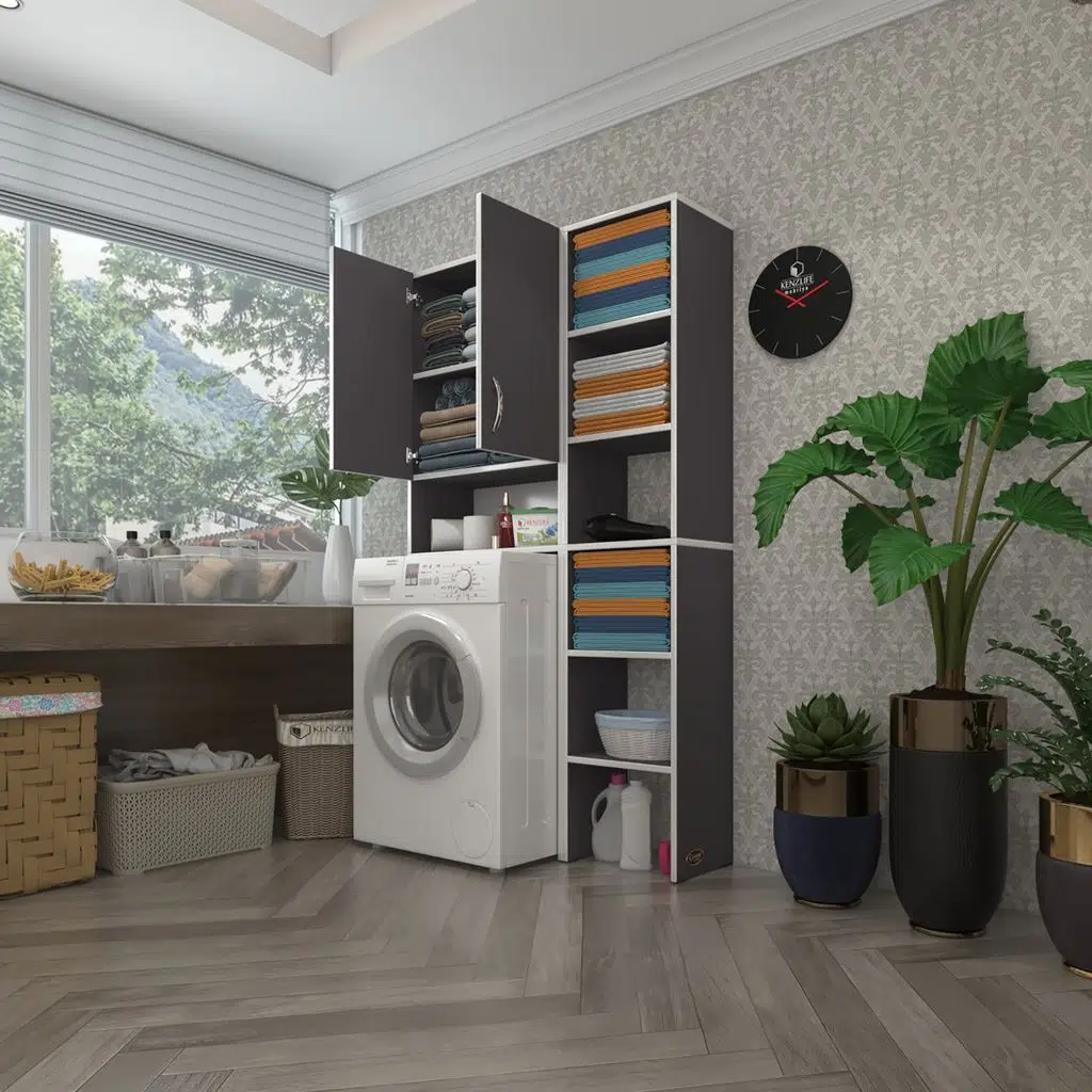 Kenzlife çamaşır makinesi dolabı sinemmaks gri 180*096*30 banyo kapaklı arkalıklı raflı
