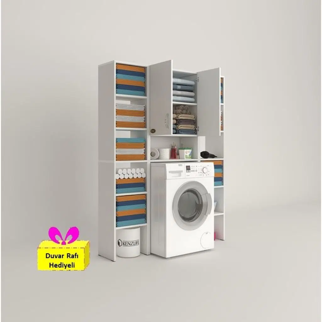 Kenzlife çamaşır makinesi dolabı sinemmaksduble byz 180*126*30 banyo arkalıklı + tekli duvar rafı hediyeli