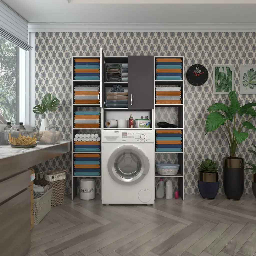Kenzlife çamaşır makinesi dolabı sinemmaksduble gri 180*126*30 banyo kapaklı arkalıklı raflı