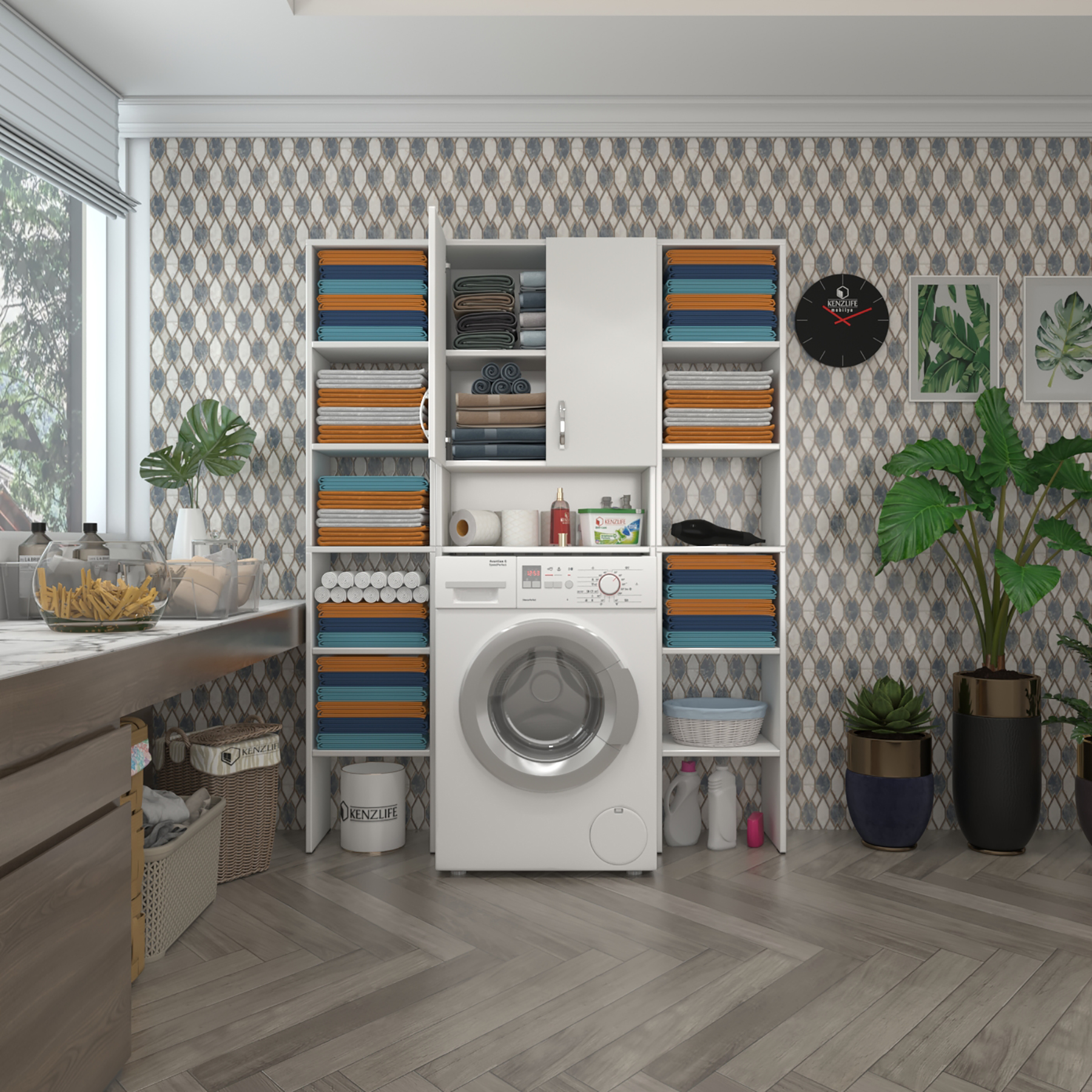 Kenzlife çamaşır makinesi dolabı sinemmaksdublemdf byz 180*126*30 % 100 mdf full mdf banyo kapaklı arkalıklı raflı