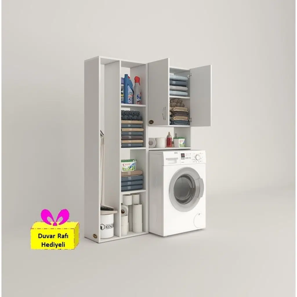 Kenzlife çamaşır makinesi dolabı sinemmega byz 180*156*30 banyo arkalıklı + tekli duvar rafı hediyeli