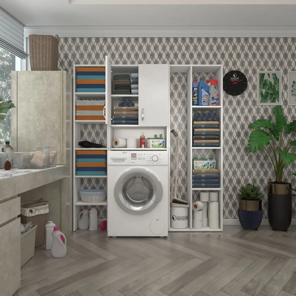 Kenzlife çamaşır makinesi dolabı sinemmega byz 180*156*30 banyo kapaklı arkalıklı raflı