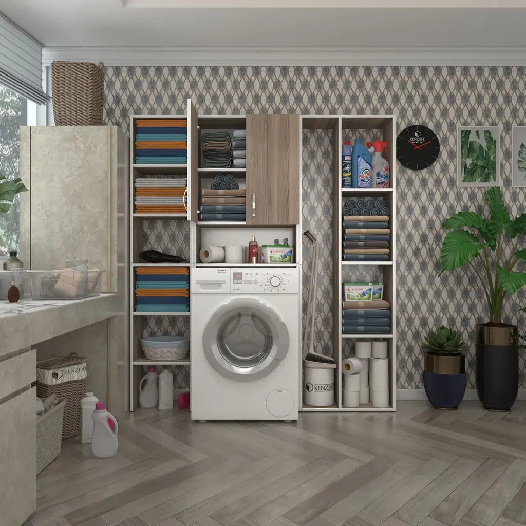 Kenzlife çamaşır makinesi dolabı sinemmega crd 180*156*30 banyo kapaklı arkalıklı raflı