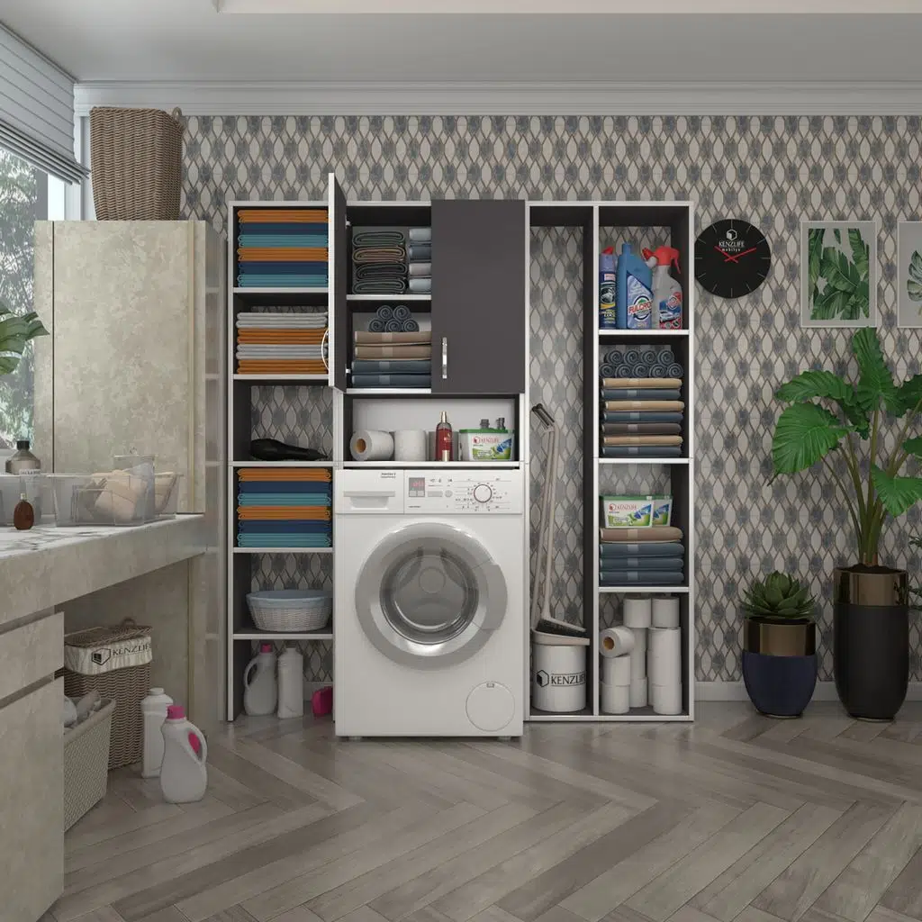 Kenzlife çamaşır makinesi dolabı sinemmega gri 180*156*30 banyo kapaklı arkalıklı raflı