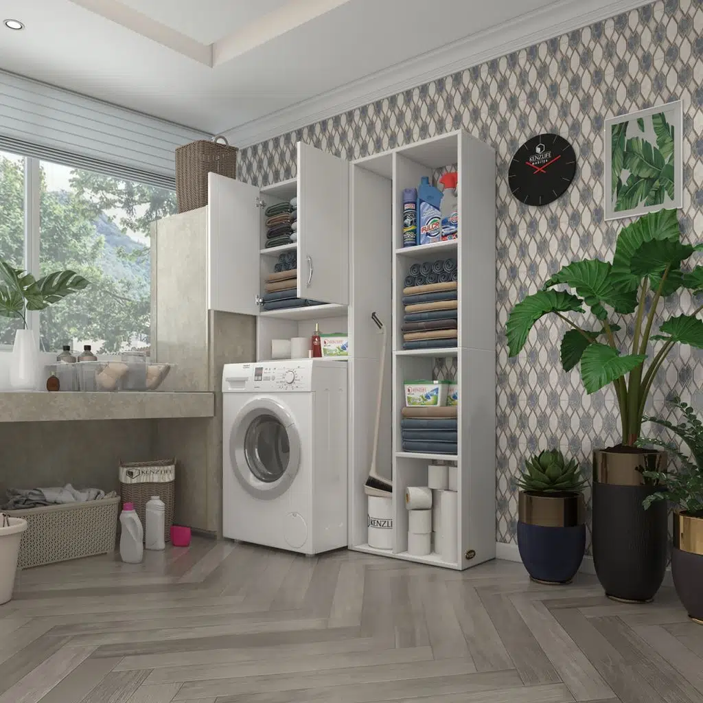 Kenzlife çamaşır makinesi dolabı sinemsüpürge byz 180*126*30 banyo kapaklı arkalıklı raflı