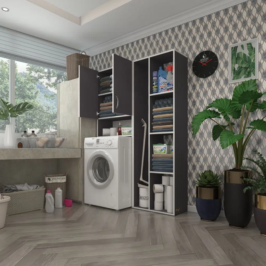 Kenzlife çamaşır makinesi dolabı sinemsüpürge gri 180*126*30 banyo kapaklı arkalıklı raflı