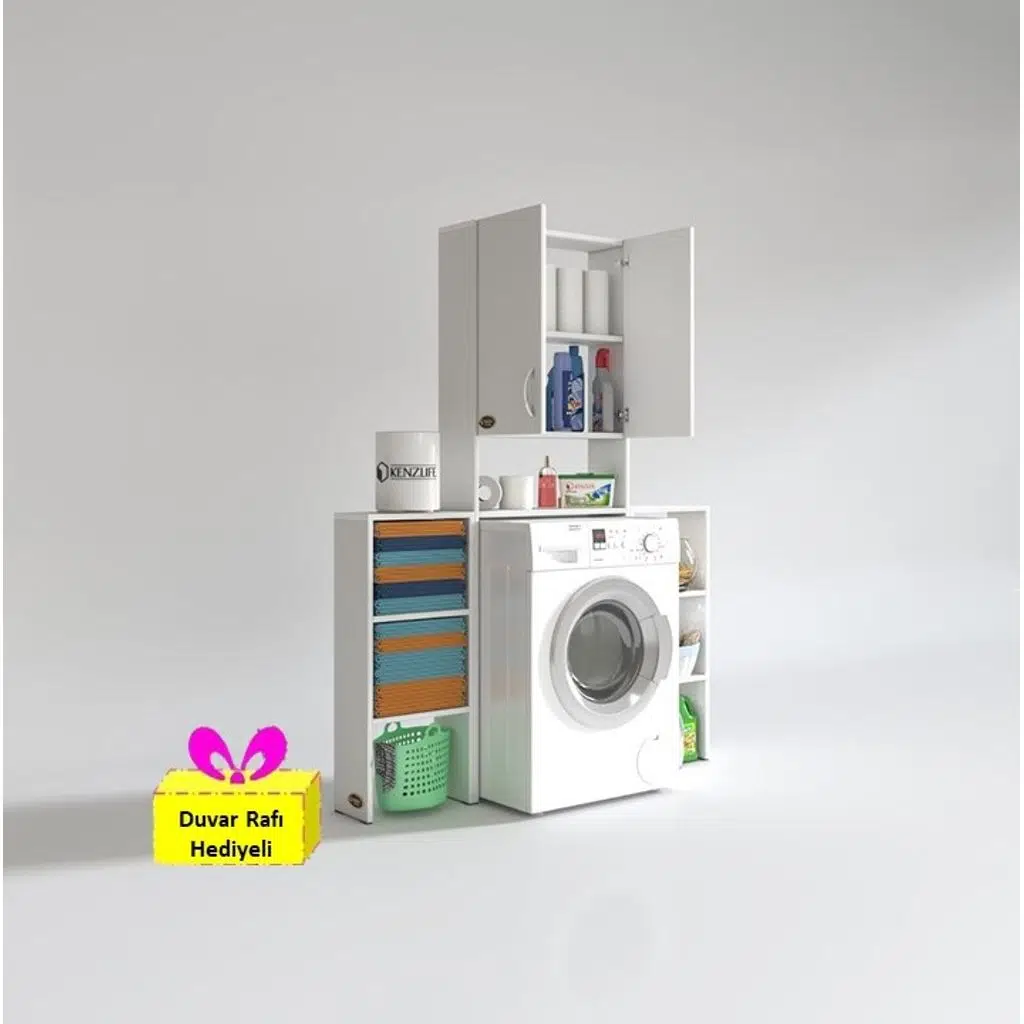 Kenzlife çamaşır makinesi dolabı veronikamaks byz 180*096*20 banyo arkalıksız raflı + tekli duvar rafı hediyeli