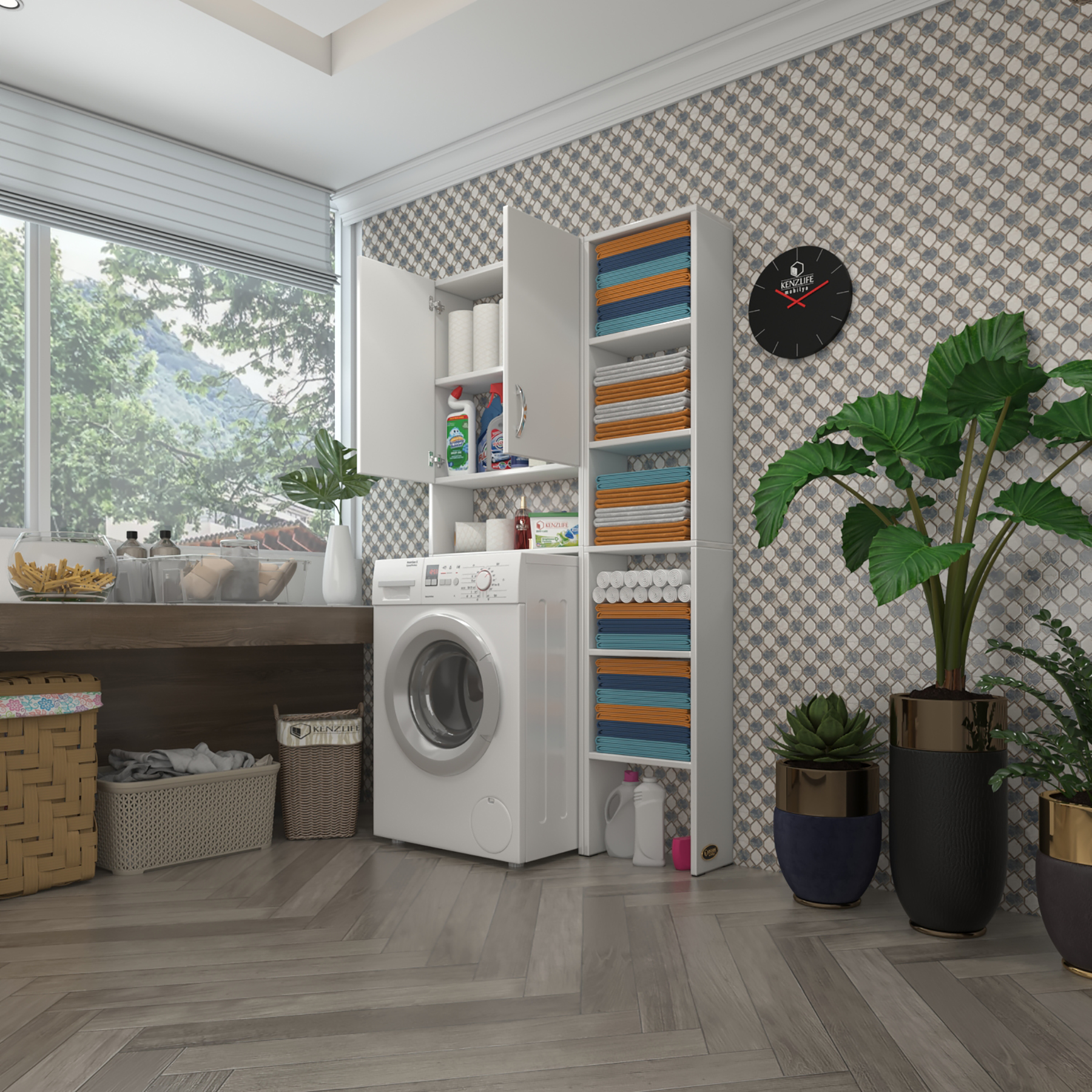 Kenzlife çamaşır makinesi dolabı veronikamaks byz 180*096*20 banyo kapaklı arkalıksız raflı