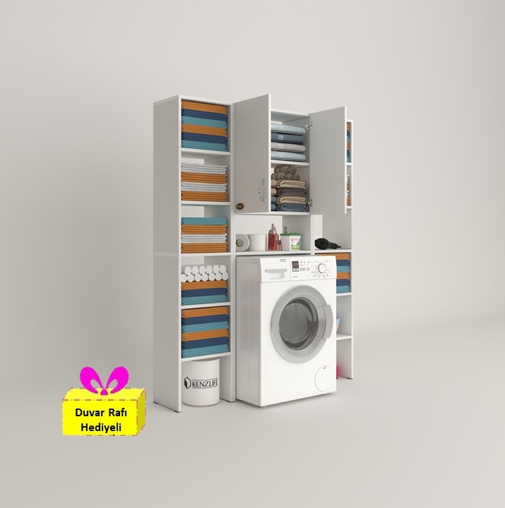 Kenzlife çamaşır makinesi dolabı veronikamaksduble byz 180*126*20 banyo arkalıksız raflı + tekli duvar rafı hediyeli
