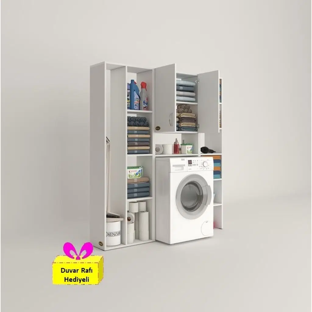 Kenzlife çamaşır makinesi dolabı veronikamega byz 180*156*20 banyo arkalıksız raflı + tekli duvar rafı hediyeli