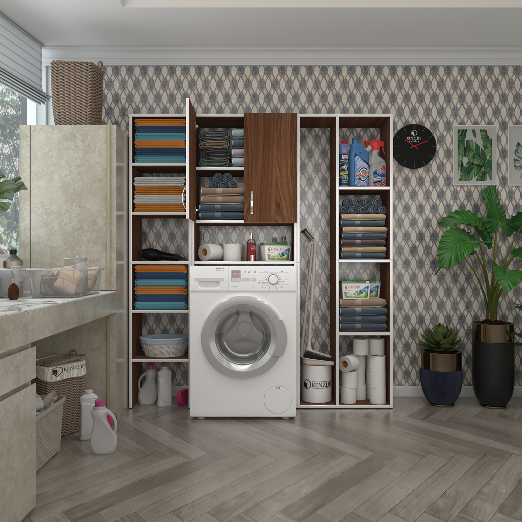 Kenzlife çamaşır makinesi dolabı veronikamega cvz 180*156*20 banyo arkalıksız raflı
