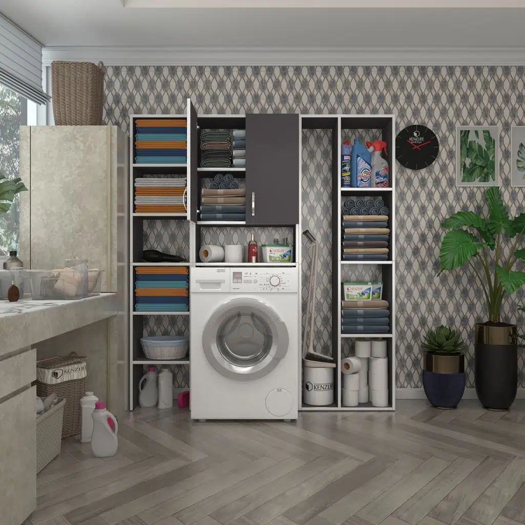Kenzlife çamaşır makinesi dolabı veronikamega gri 180*156*20 banyo arkalıksız raflı