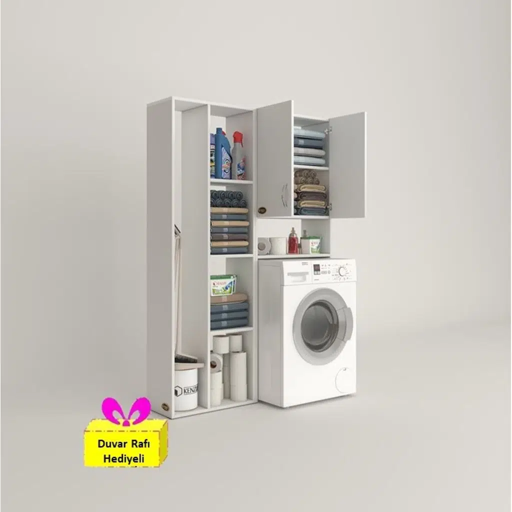 Kenzlife çamaşır makinesi dolabı veronikasüpürge byz 180*126*20 banyo arkalıksız raflı + tekli duvar rafı hediyeli