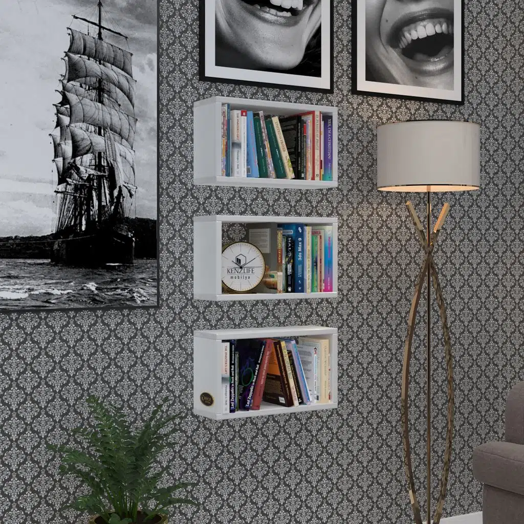 Kenzlife duvar rafı kitaplık hülas byz 022*039*13 üçlü duvara asma aparatlıdır 3 adet