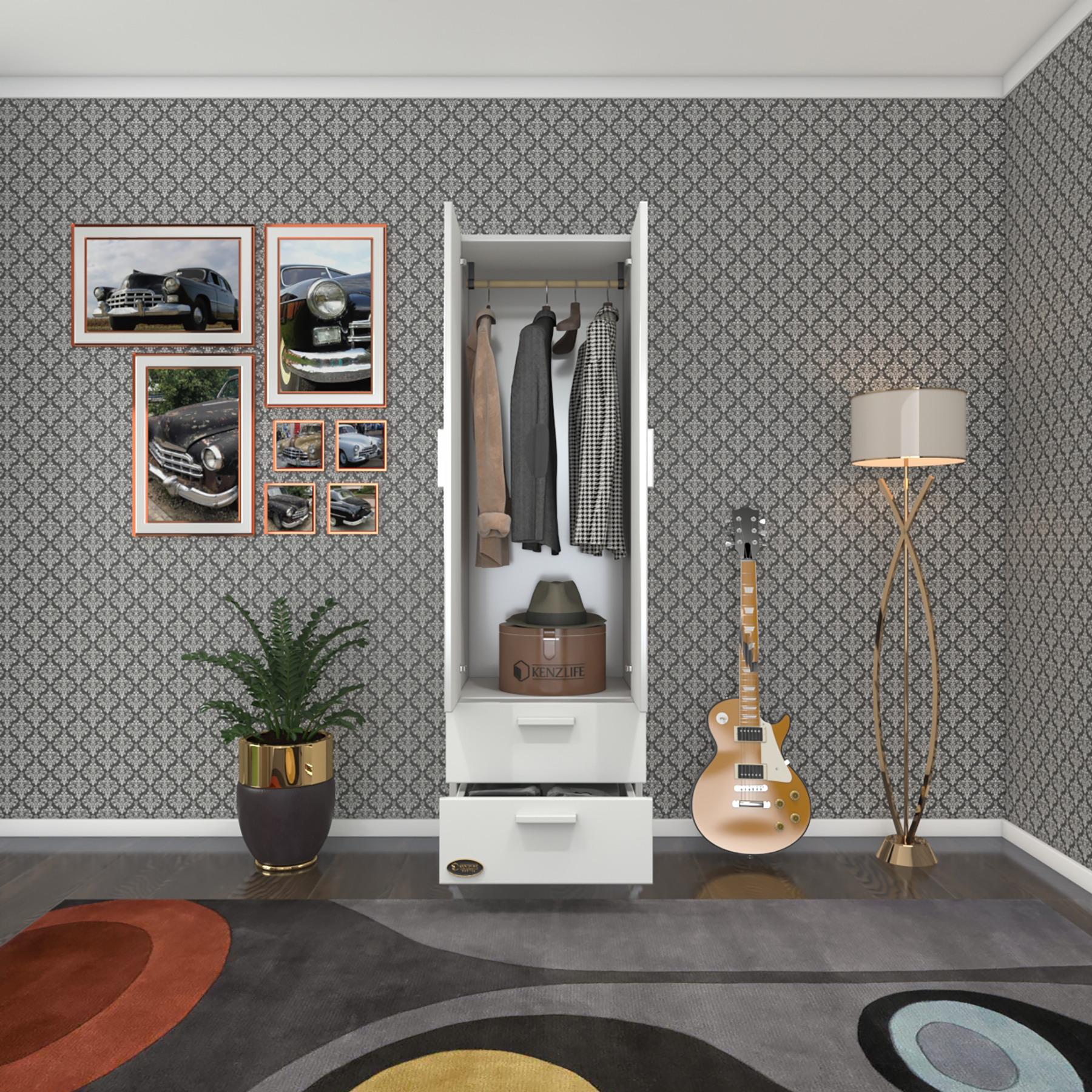 Kenzlife gardırop 2 kapılı 2 çekmeceli kamelya 168*50*42 byz ayaklı gardolap dolap ofis kapaklı