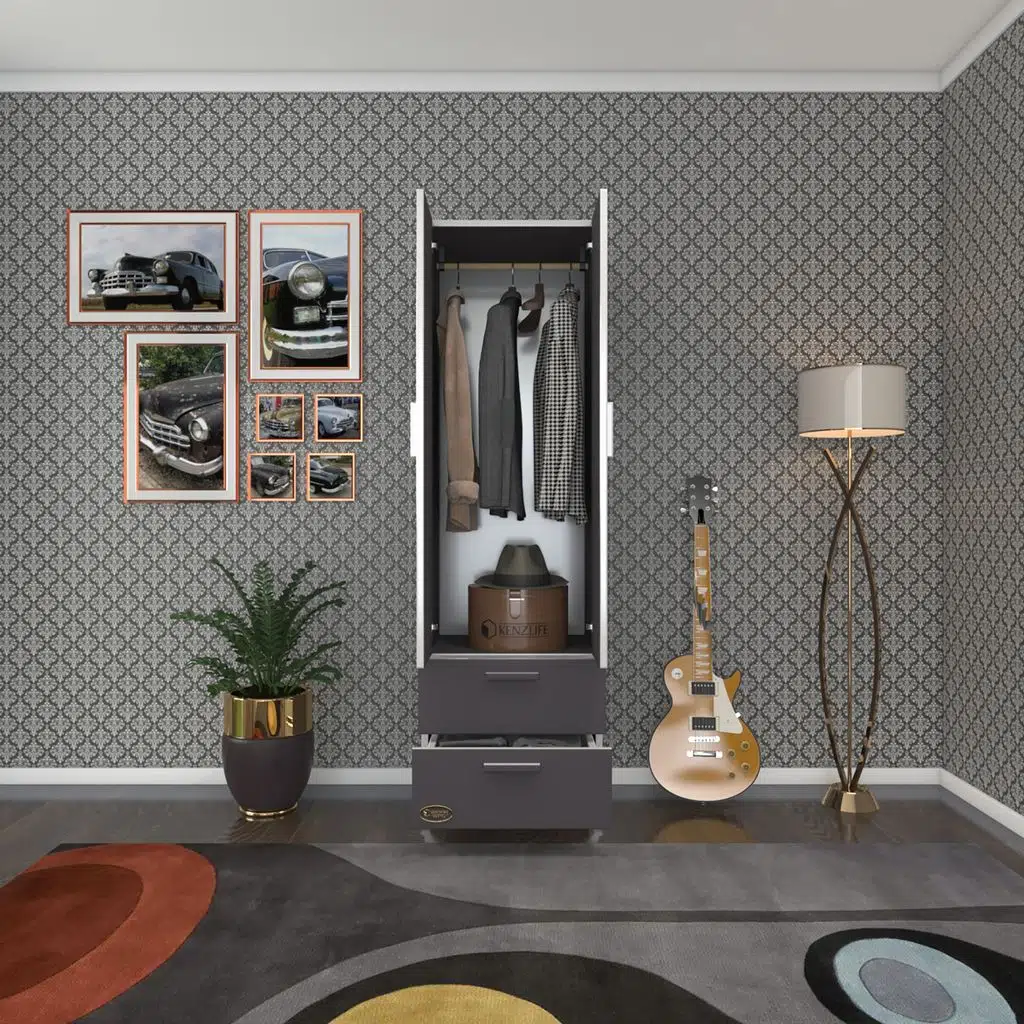 Kenzlife gardırop 2 kapaklı kapılı 2 çekmeceli kamelya 168*50*42 gri ayaklı gardolap dolap