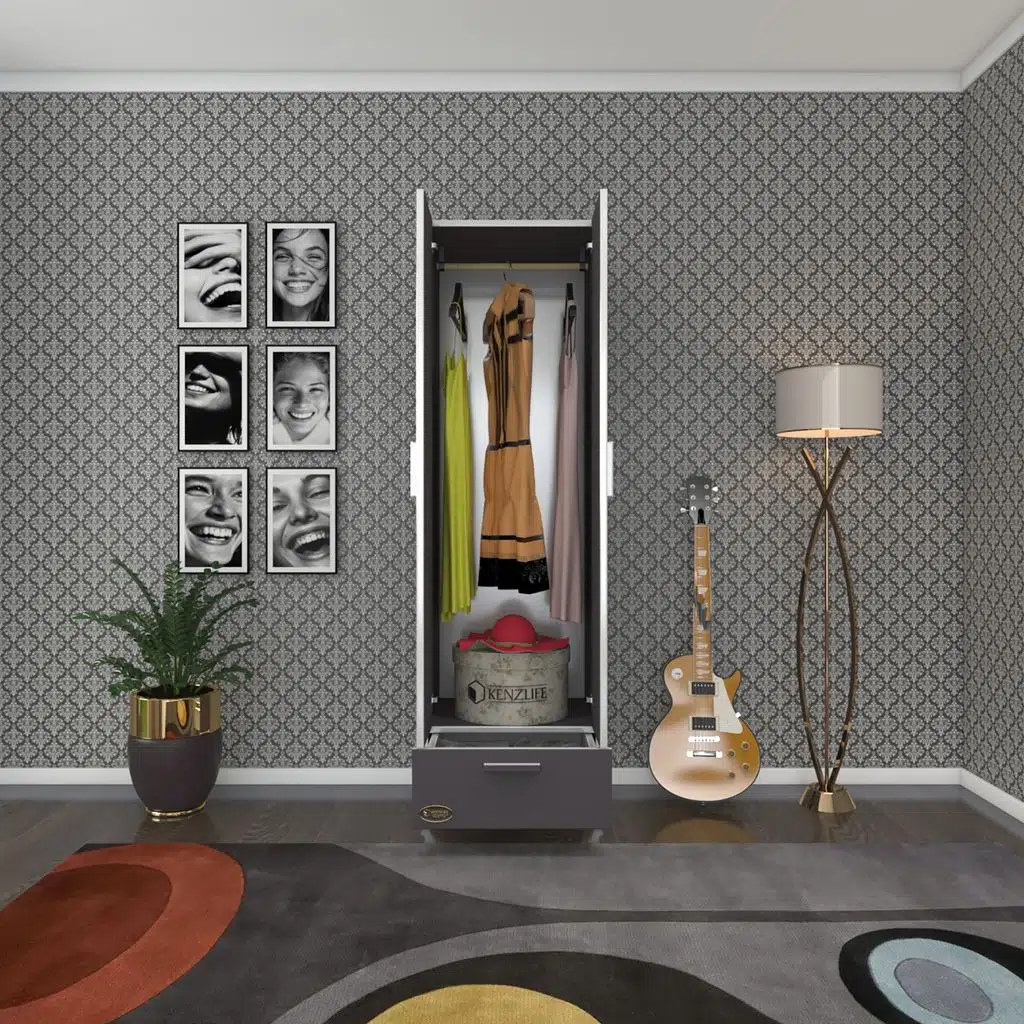 Kenzlife gardırop 2 kapaklı kapılı çekmeceli şebboy 168*50*42 gri ayaklı gardolap dolap