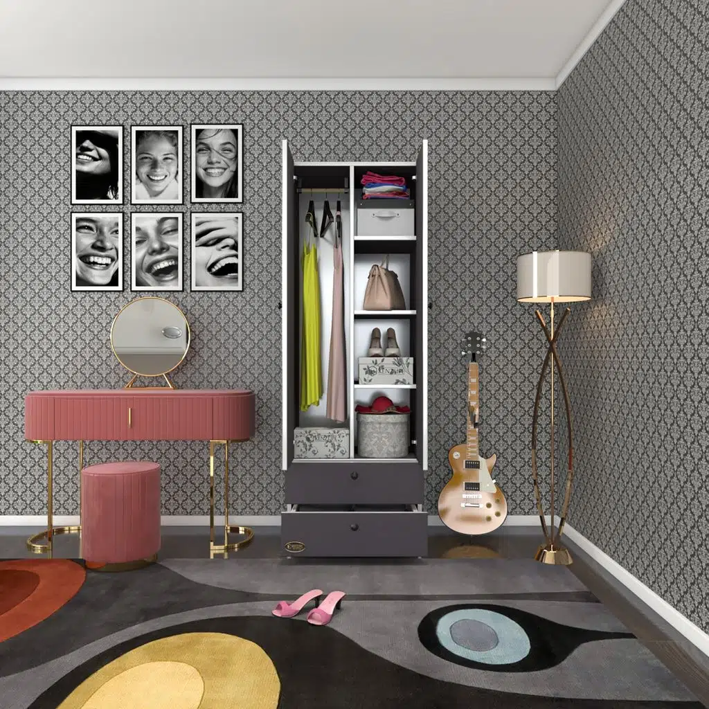 Kenzlife gardırop 2 kapılı kapaklı 2 çekmeceli nilüfer gri 173*60*42 gardolap dolap ofis