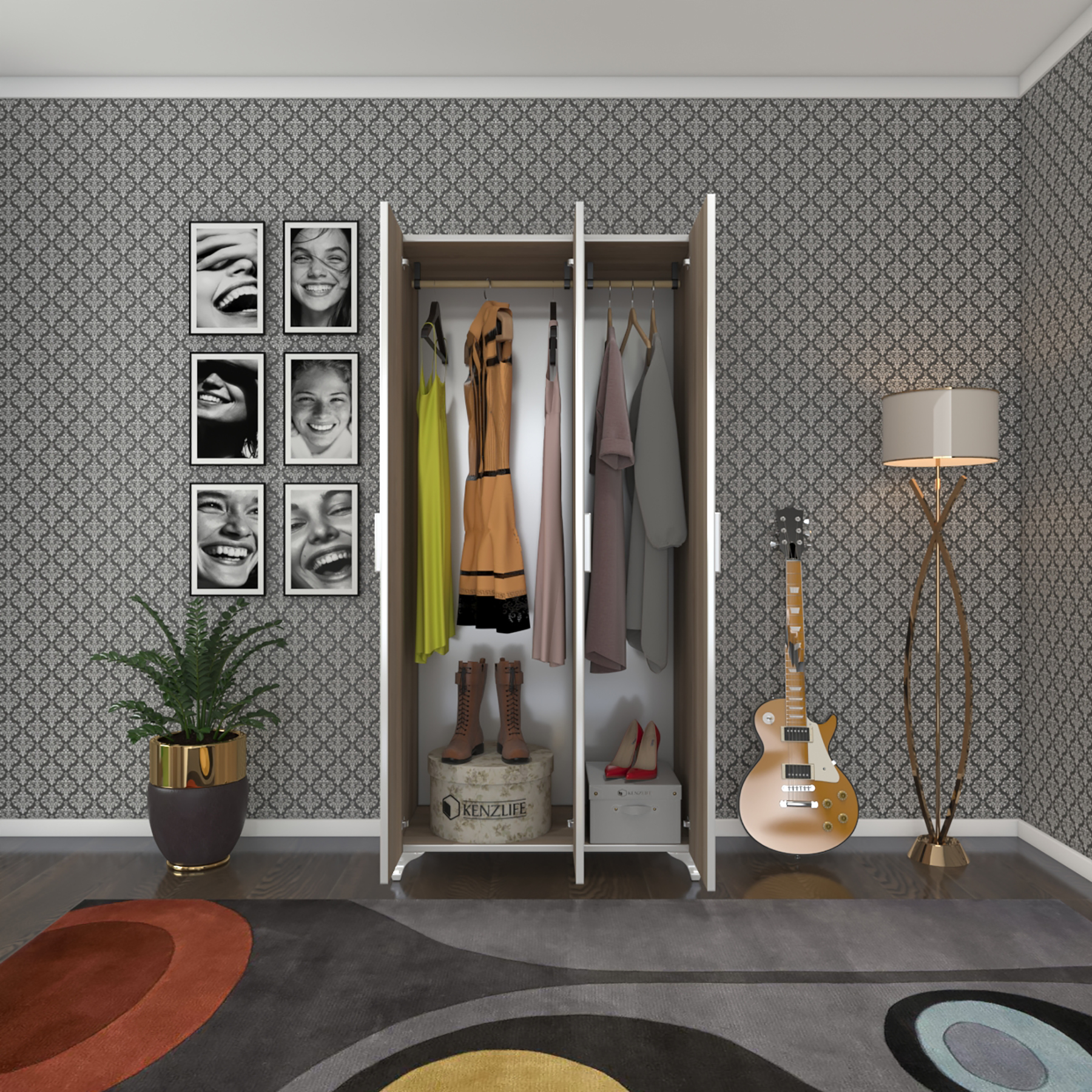 Kenzlife gardırop 3 kapaklı kapılı menekşe 168*80*42 crd ayaklı gardolap dolap