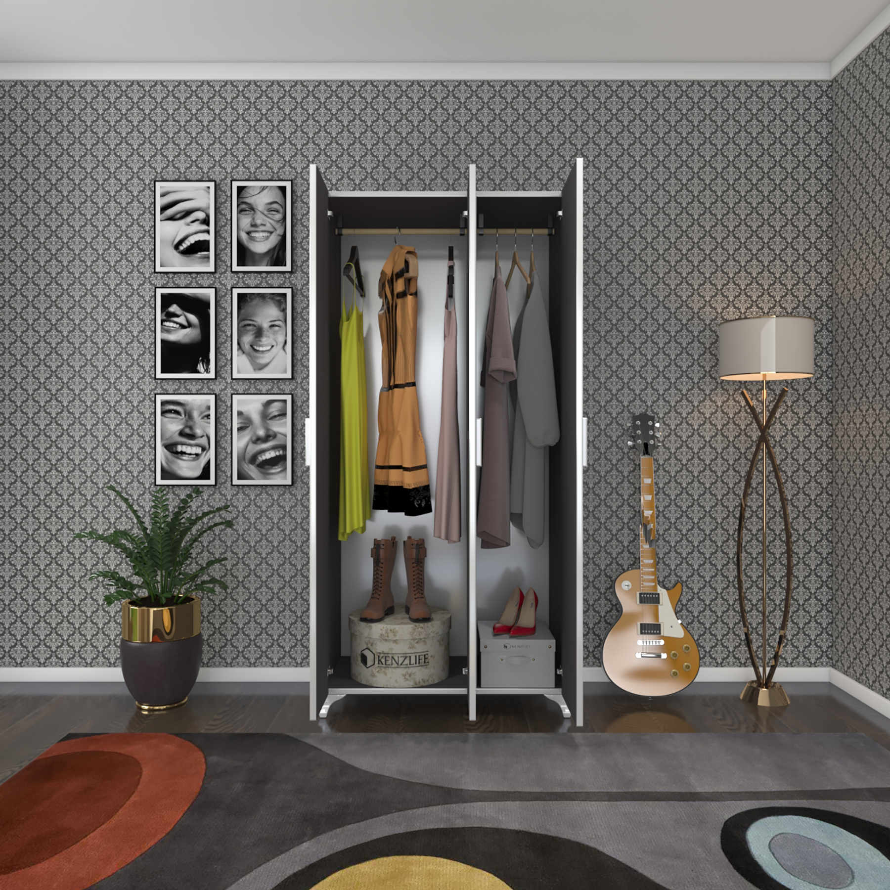 Kenzlife gardırop 3 kapaklı kapılı menekşe 168*80*42 gri ayaklı gardolap dolap