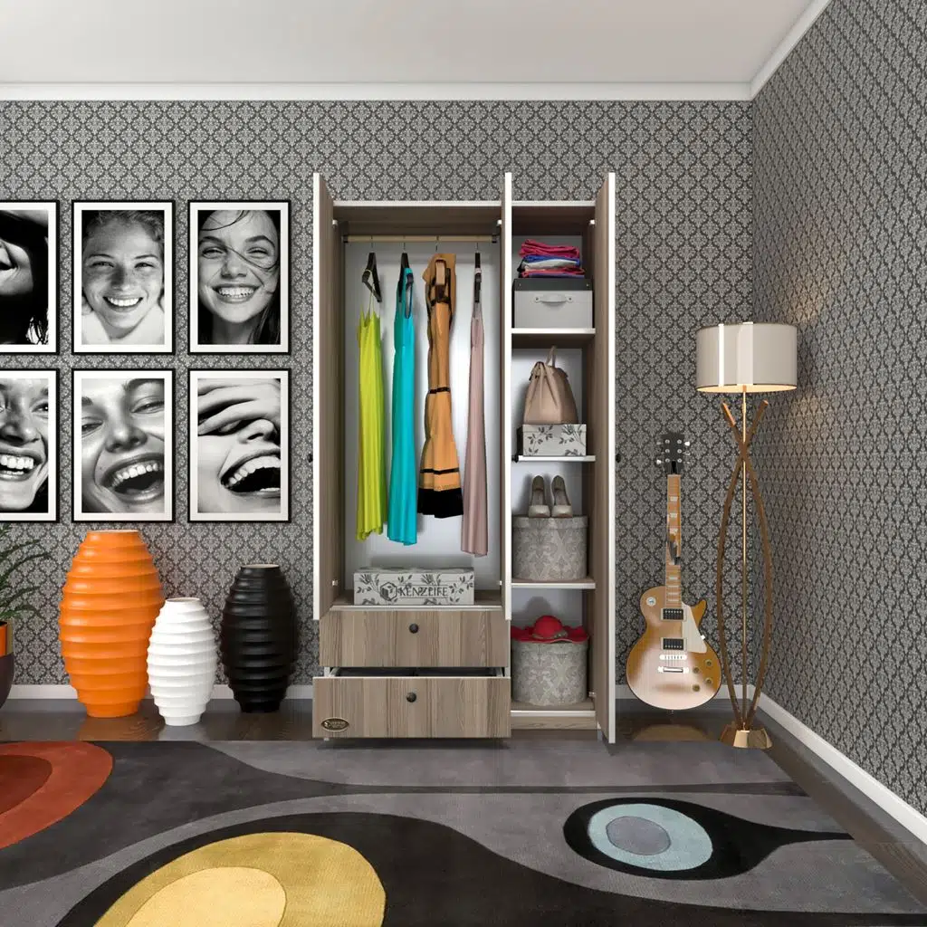 Kenzlife gardırop 3 kapılı kapaklı 2 çekmeceli manolya crd 173*90*42 gardolap dolap ofis