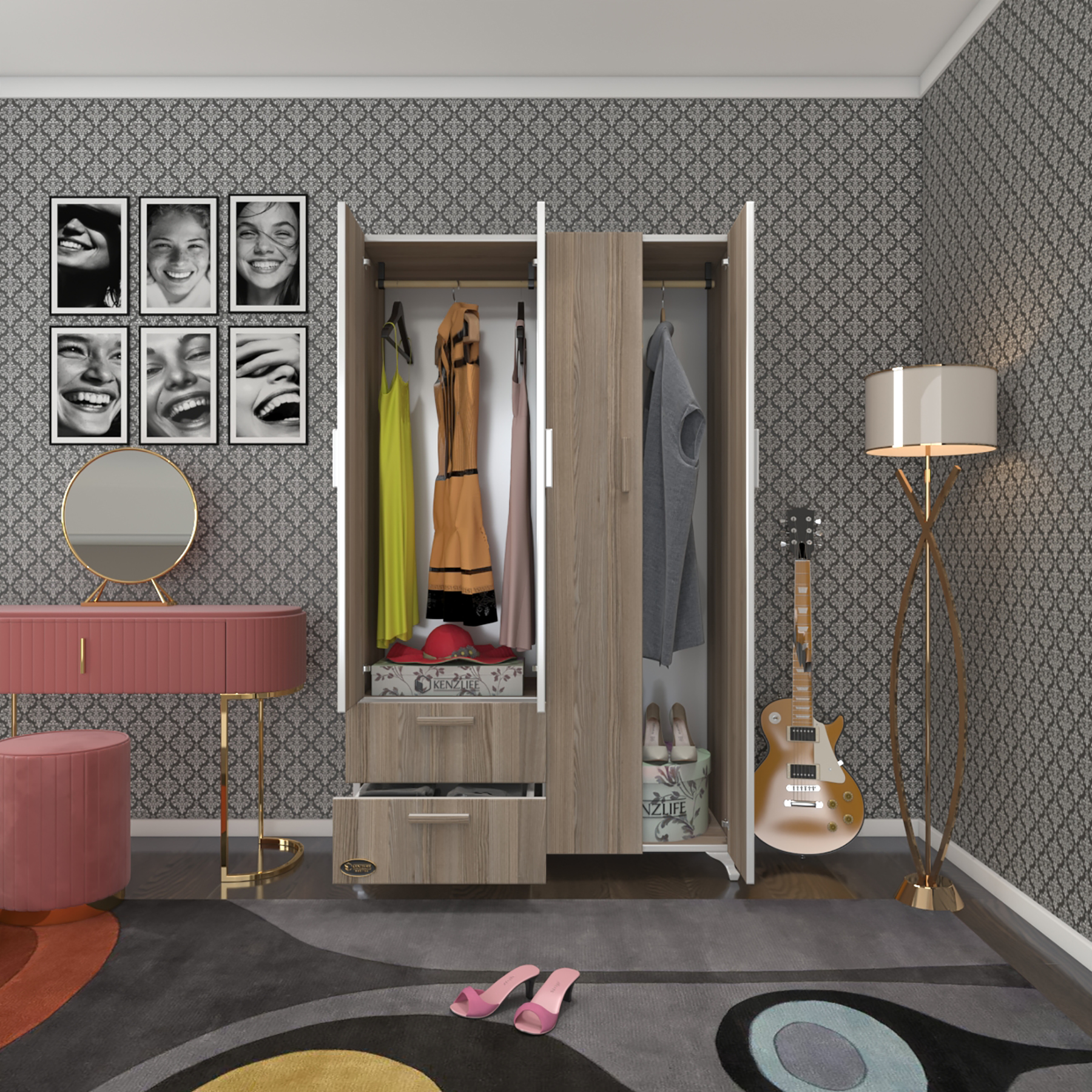 Kenzlife gardırop 4 kapaklı kapılı 2 çekmeceli gonca 168*100*42 crd ayaklı gardolap dolap