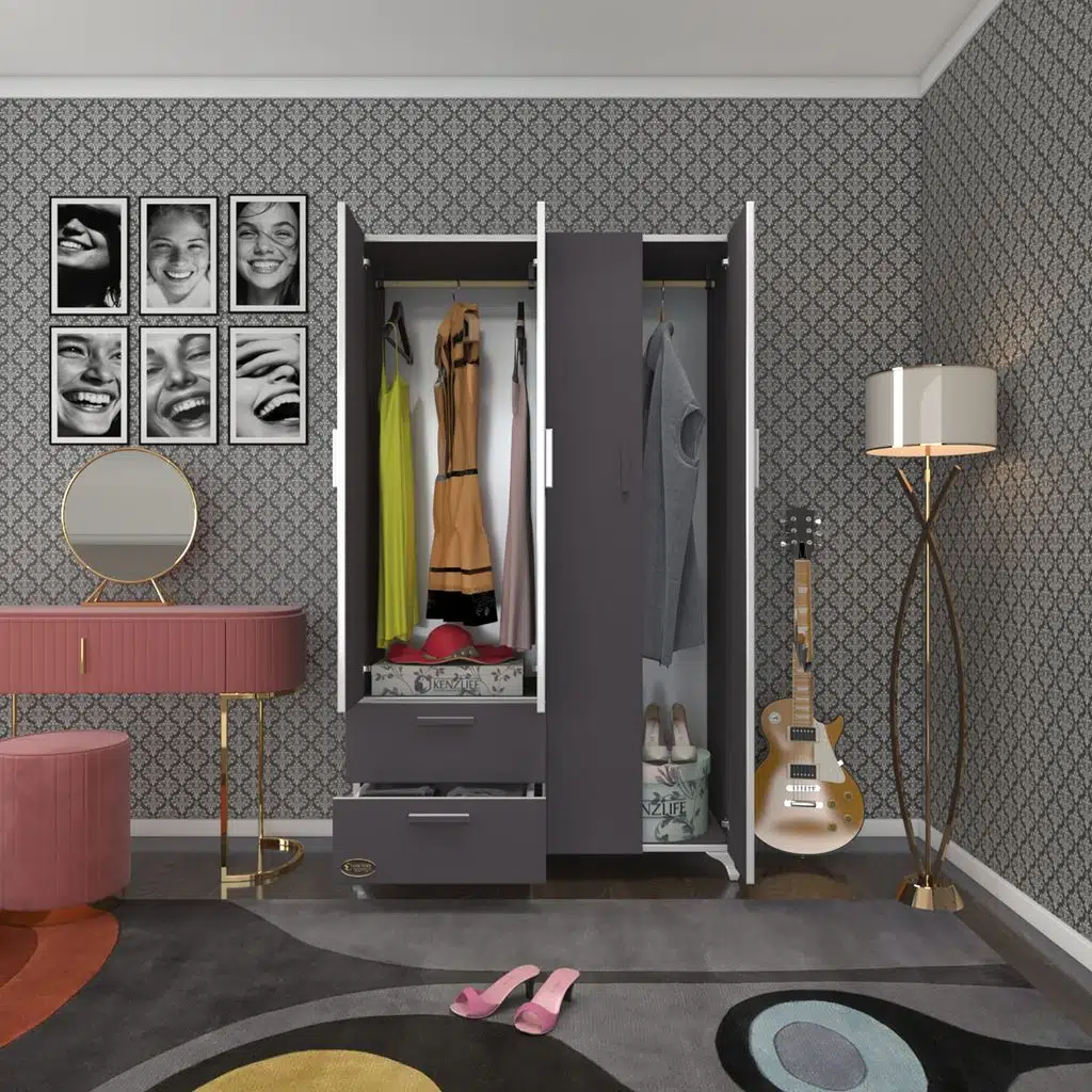 Kenzlife gardırop 4 kapaklı kapılı 2 çekmeceli gonca 168*100*42 gri ayaklı gardolap dolap