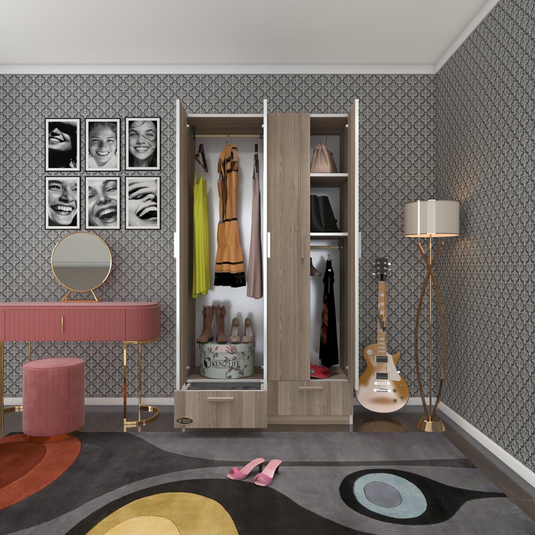 Kenzlife gardırop 4 kapılı 2 çekmeceli biberiye 182*100*42 crd kapaklı gardolap dolap