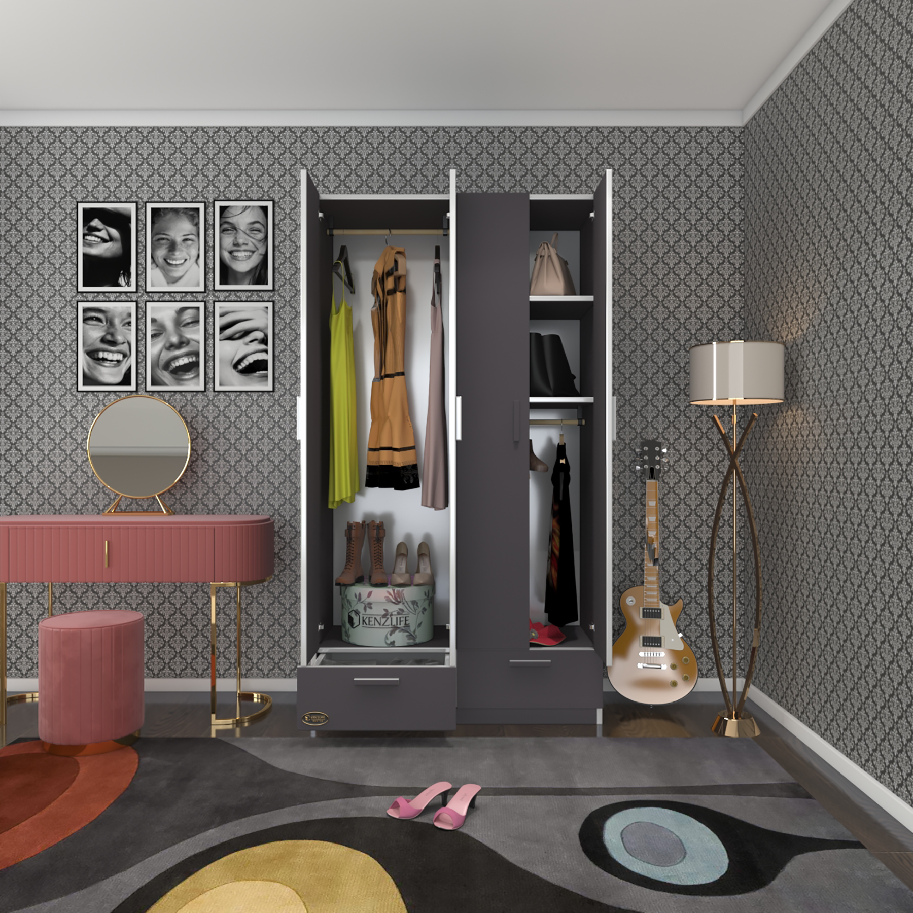 Kenzlife gardırop 4 kapılı 2 çekmeceli biberiye 182*100*42 gri kapaklı gardolap dolap