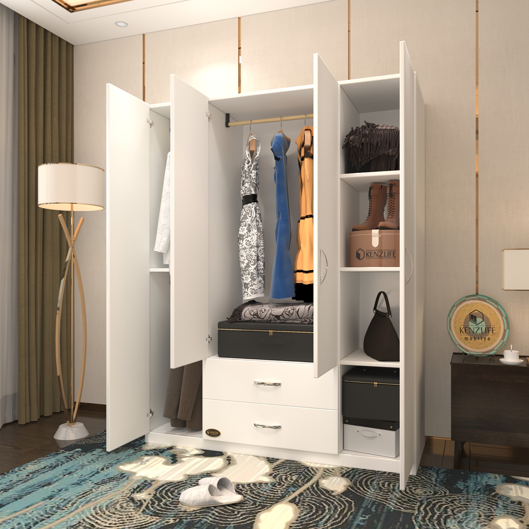 Kenzlife gardırop 4 kapılı 2 çekmeceli deligül 180*160*52 byz XLARGE kapaklı gardolap dolap ofis