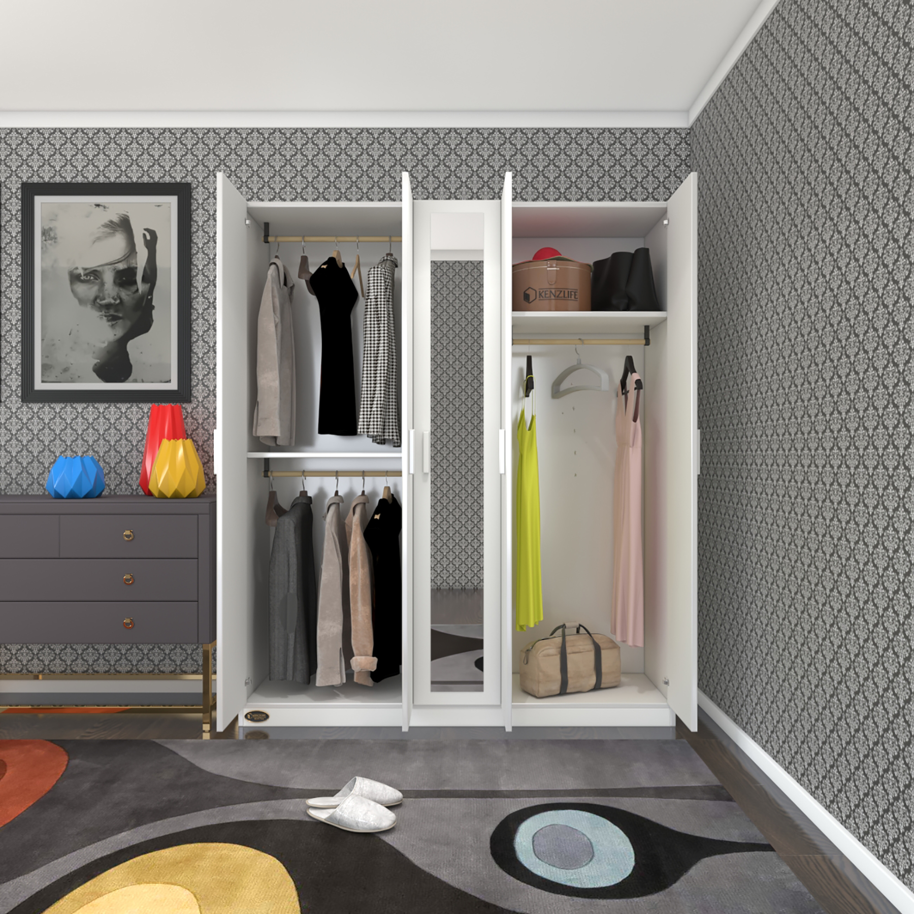 Kenzlife gardırop 5 kapılı 150 lilyum byz 180*150*42 aynalı gardolap dolap