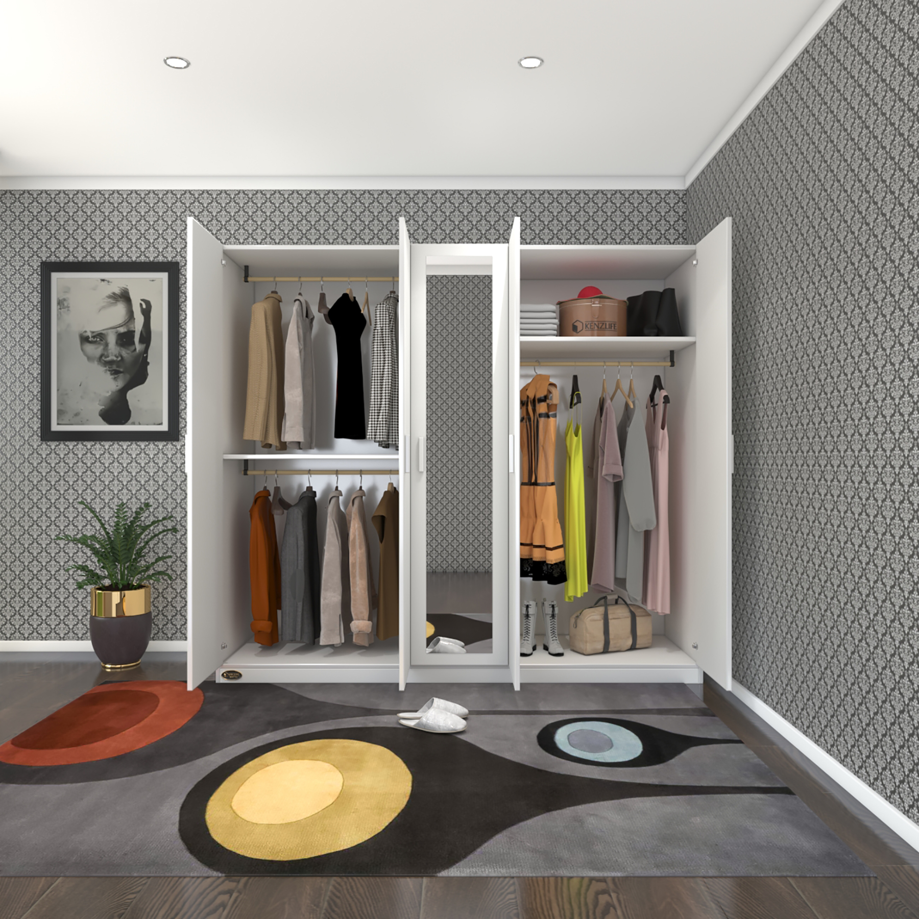 Kenzlife gardırop 5 kapılı 200 lilyum byz 180*200*42 aynalı gardolap dolap