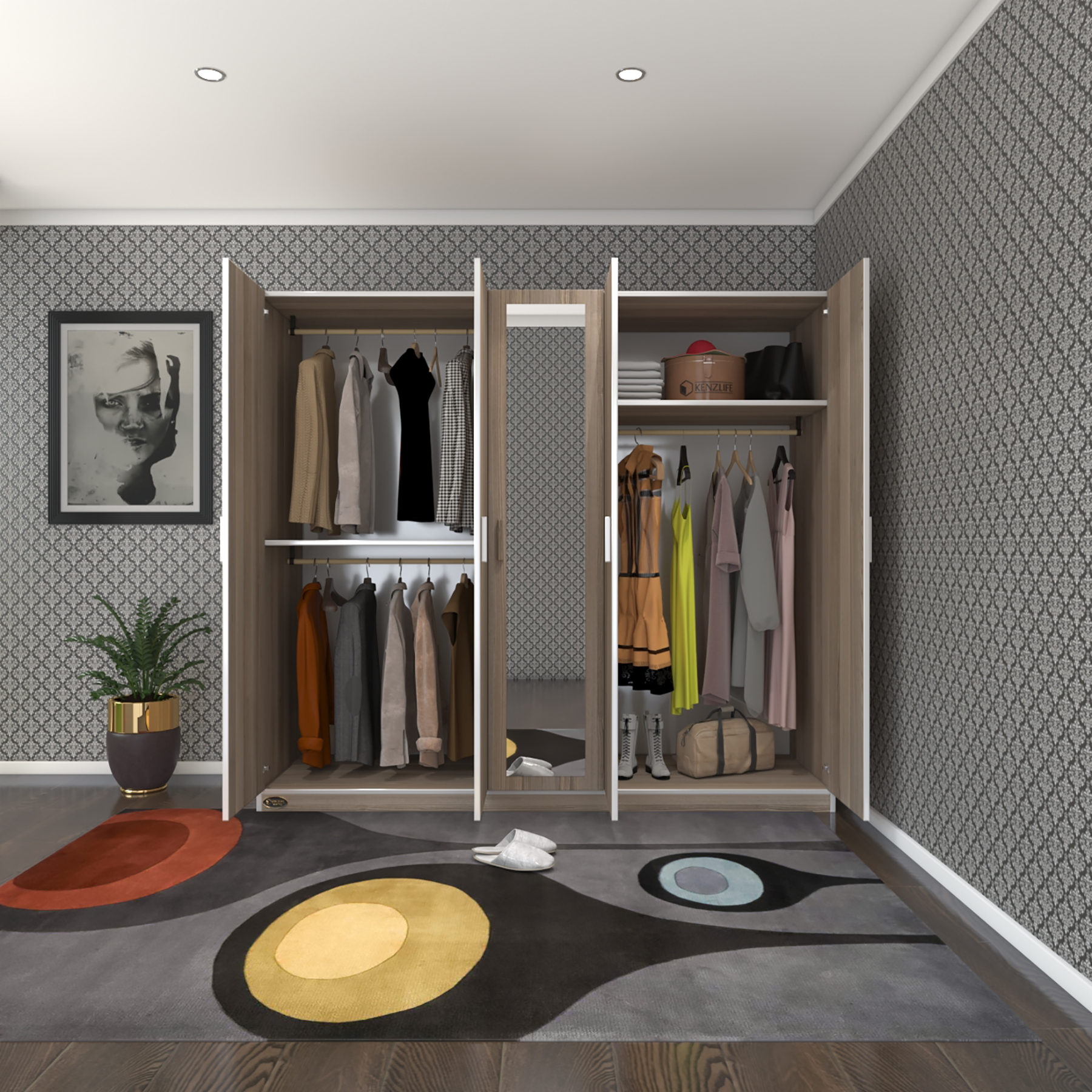 Kenzlife gardırop 5 kapaklı kapılı 200 lilyum crd aynalı gardolap dolap