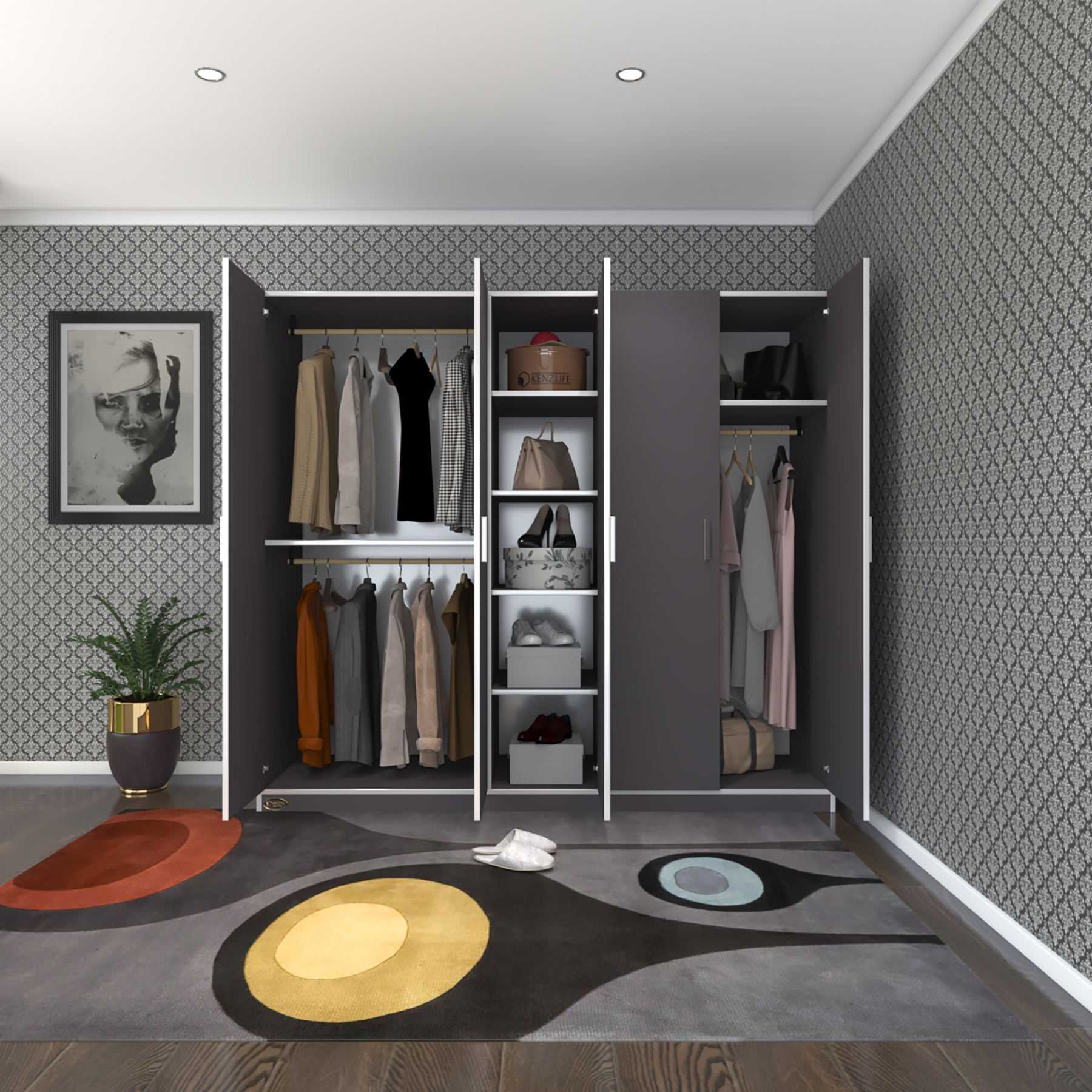 Kenzlife gardırop 5 kapaklı kapılı 200 lilyum gri gardolap dolap