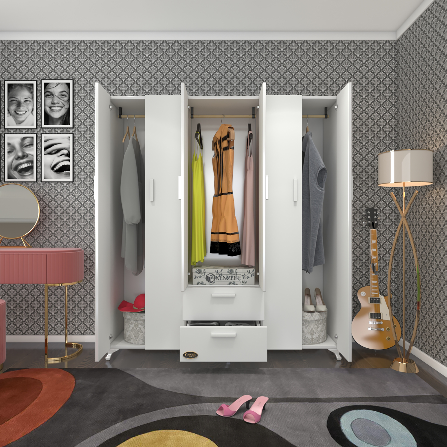 Kenzlife gardırop 6 kapılı 2 çekmeceli glayör 168*150*42 byz ayaklı gardolap dolap