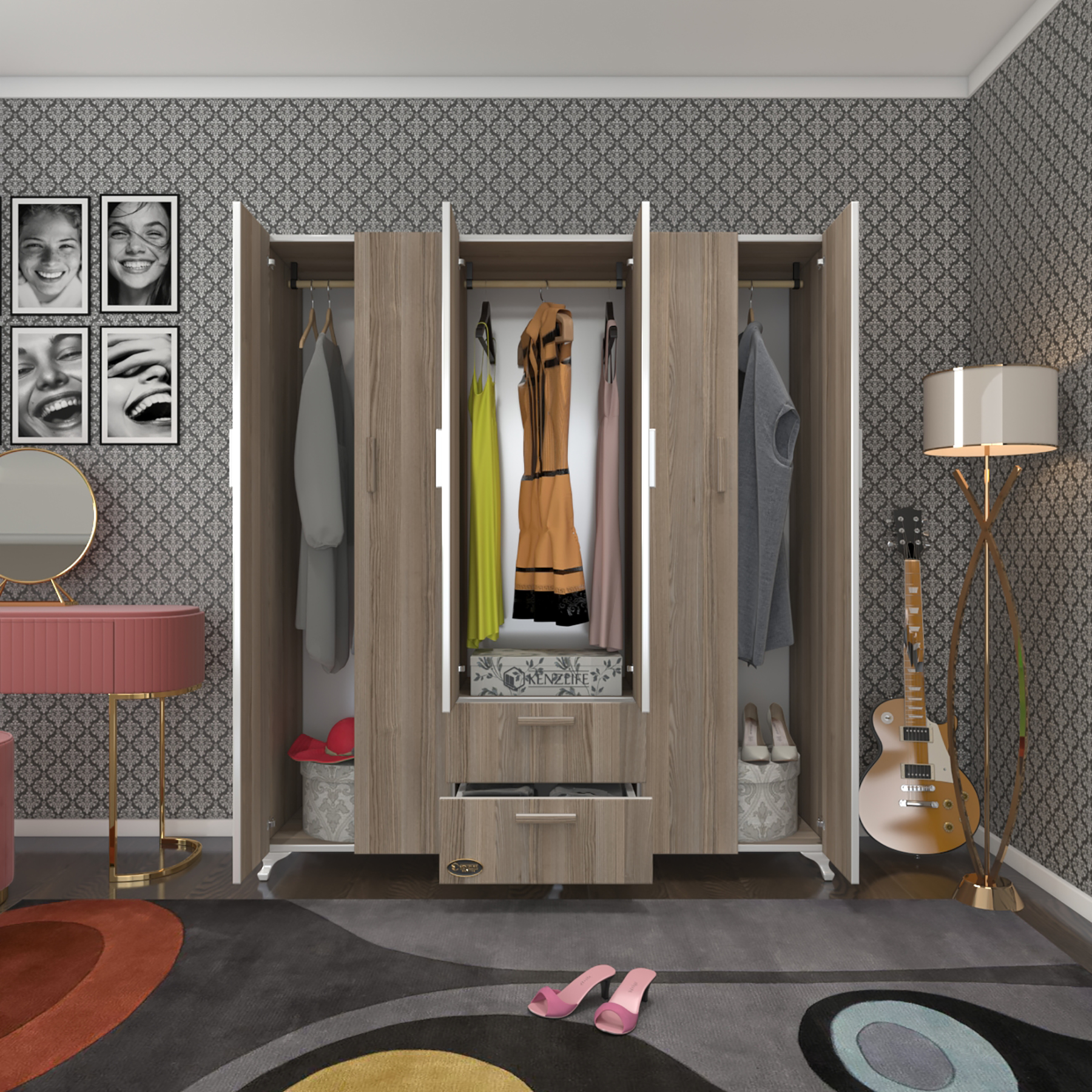 Kenzlife gardırop 6 kapaklı kapılı 2 çekmeceli glayör 168*150*42 crd ayaklı gardolap dolap