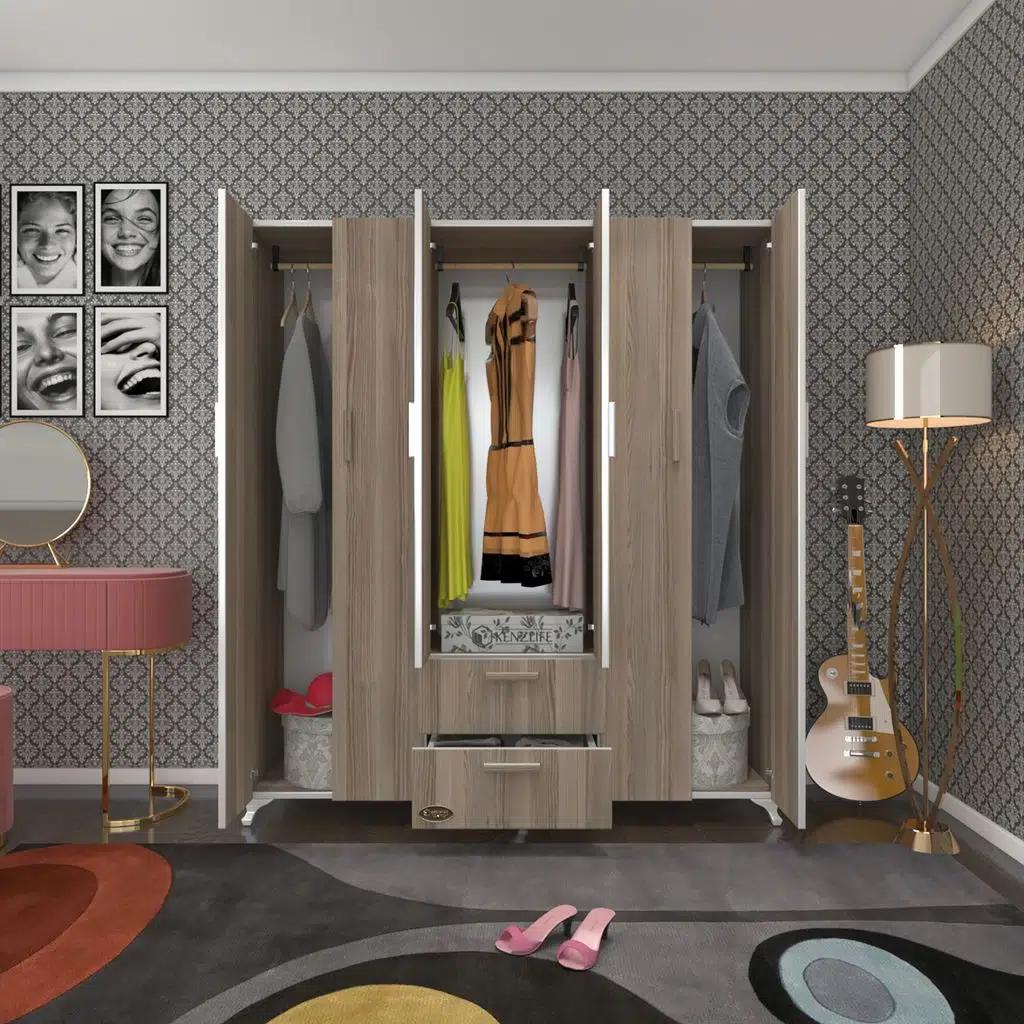 Kenzlife gardırop 6 kapaklı kapılı 2 çekmeceli glayör 168*150*42 crd ayaklı gardolap dolap