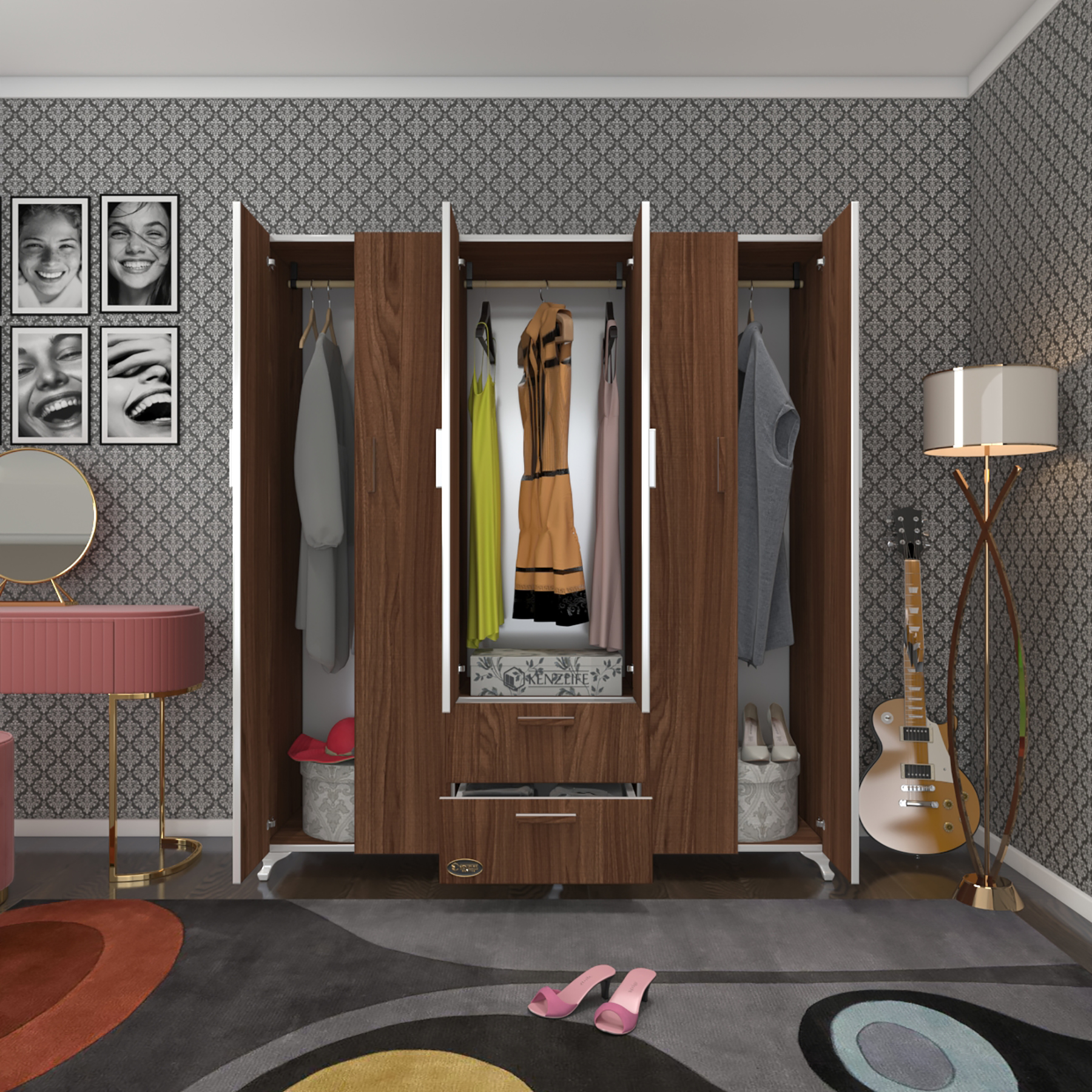 Kenzlife gardırop 6 kapaklı kapılı 2 çekmeceli glayör 168*150*42 cvz ayaklı gardolap dolap