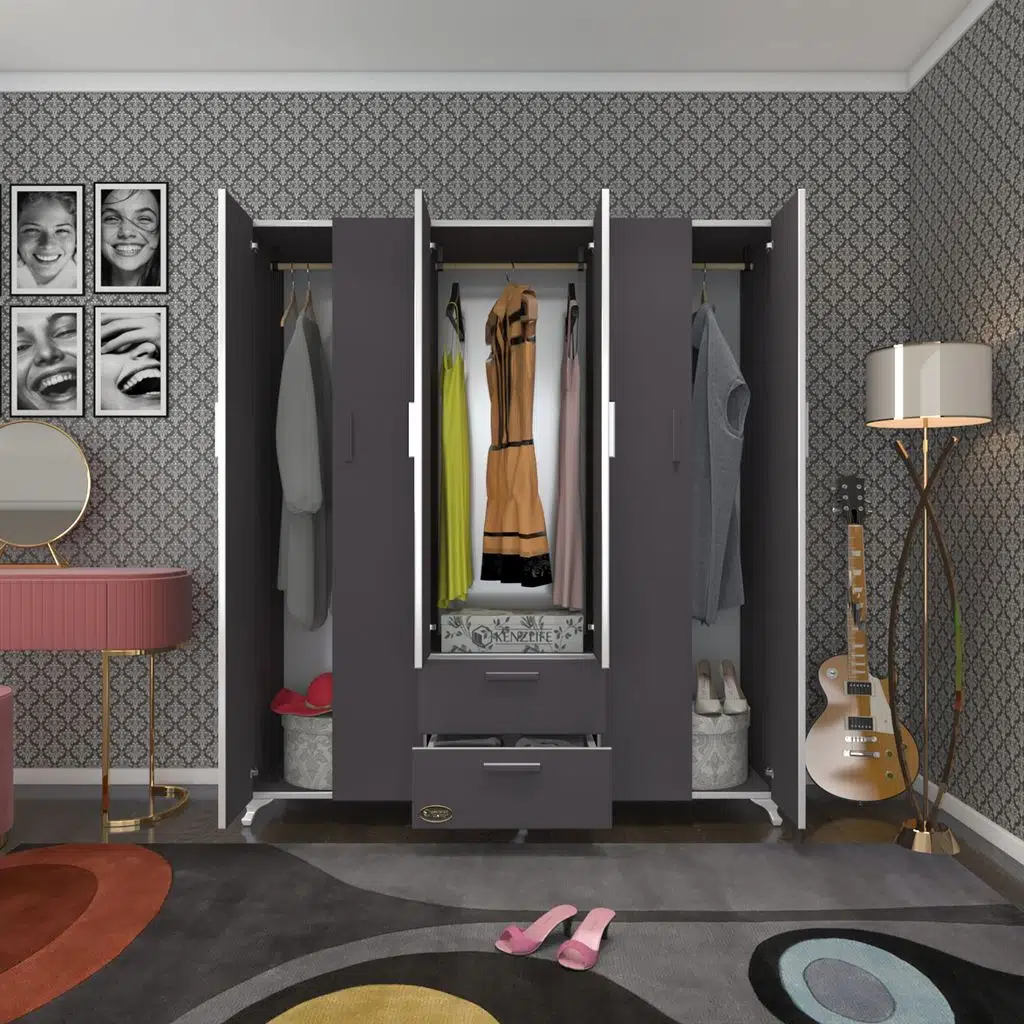 Kenzlife gardırop 6 kapaklı kapılı 2 çekmeceli glayör 168*150*42 gri ayaklı gardolap dolap