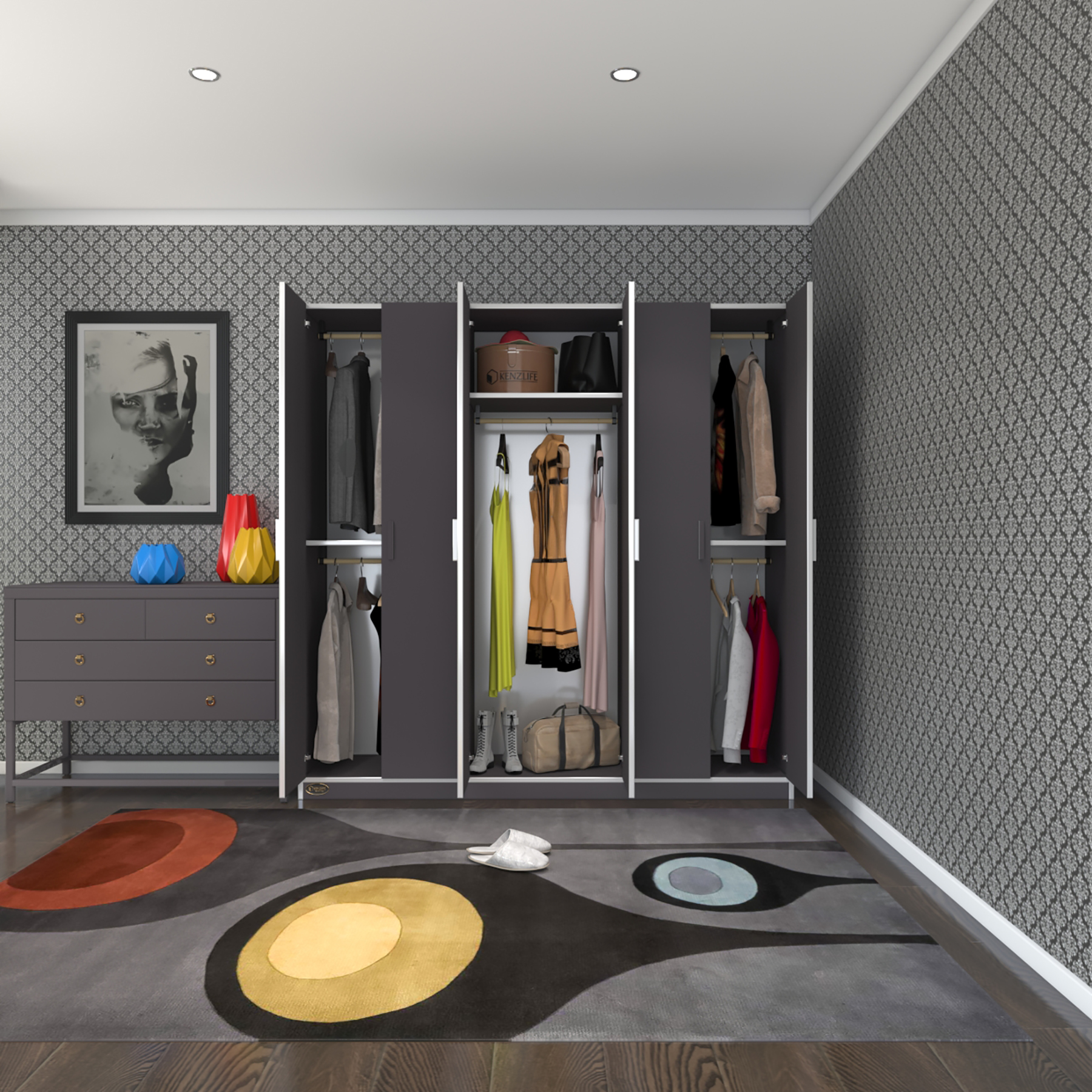 Kenzlife gardırop 6 kapaklı kapılı anemon 180*180*42 gri gardolap dolap