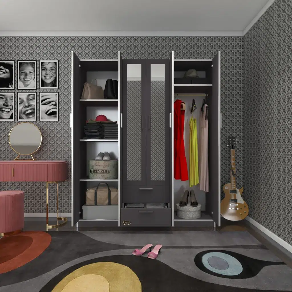 Kenzlife gardırop 6 kapılı çekmeceli begonvil150 gri aynalı kapaklı gardolap dolap