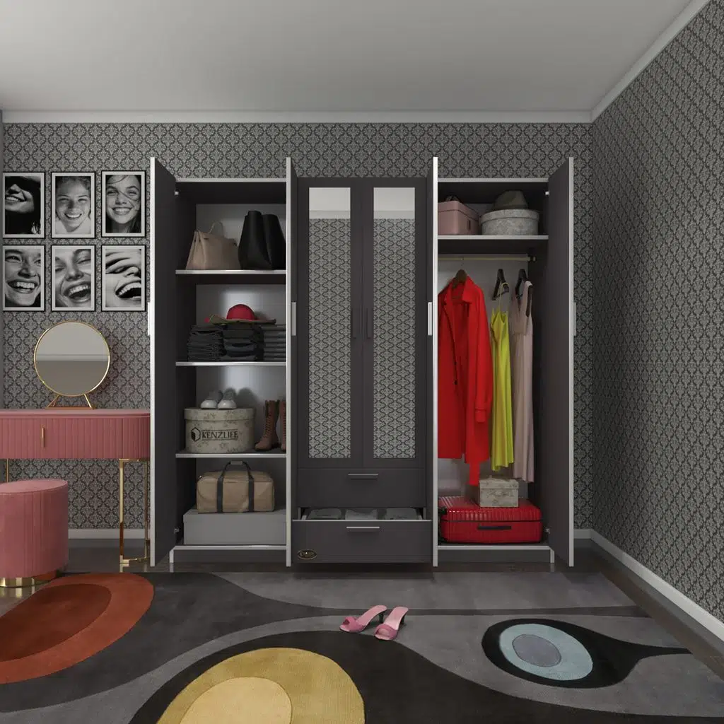 Kenzlife gardırop 6 kapılı çekmeceli begonvil180 gri aynalı kapaklı gardolap dolap