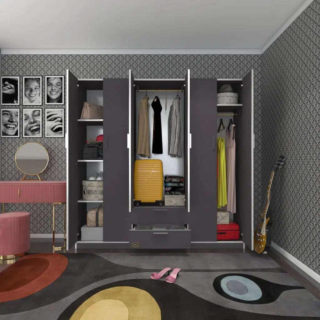 Kenzlife gardırop 6 kapılı çekmeceli begonvil180 gri kapaklı gardolap dolap