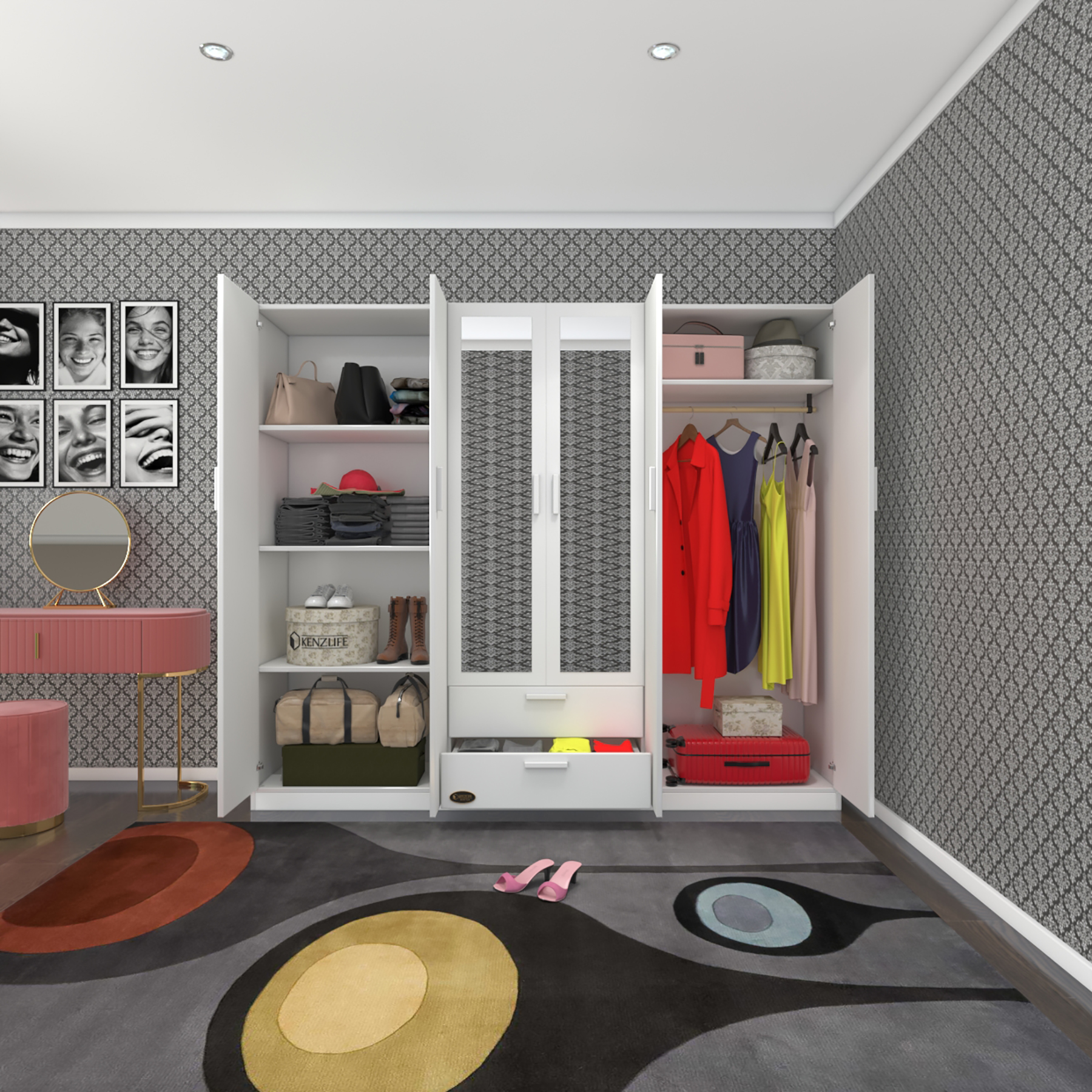 Kenzlife gardırop 6 kapılı çekmeceli begonvil210 byz aynalı kapaklı gardolap dolap
