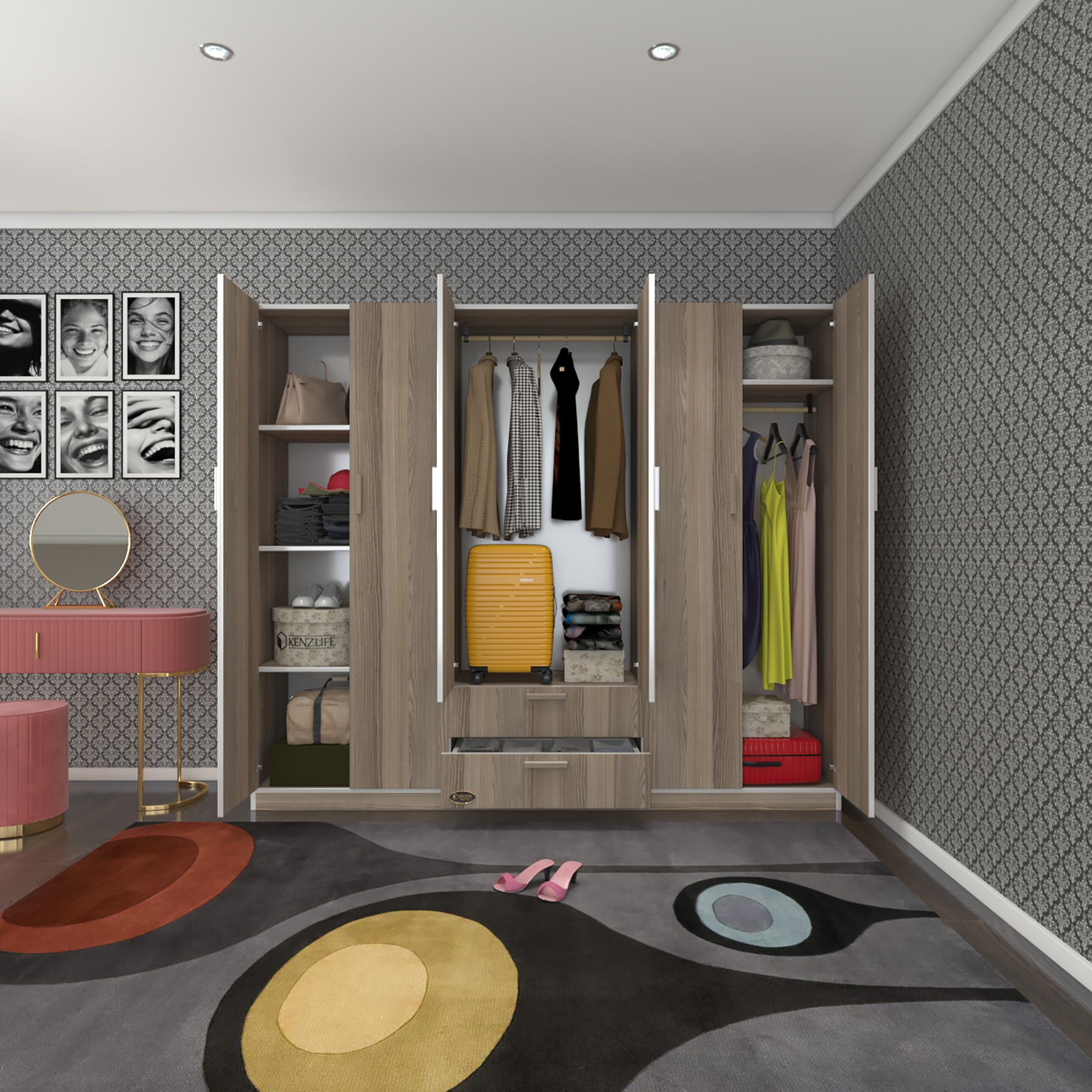 Kenzlife gardırop 6 kapılı çekmeceli begonvil210 crd kapaklı gardolap dolap