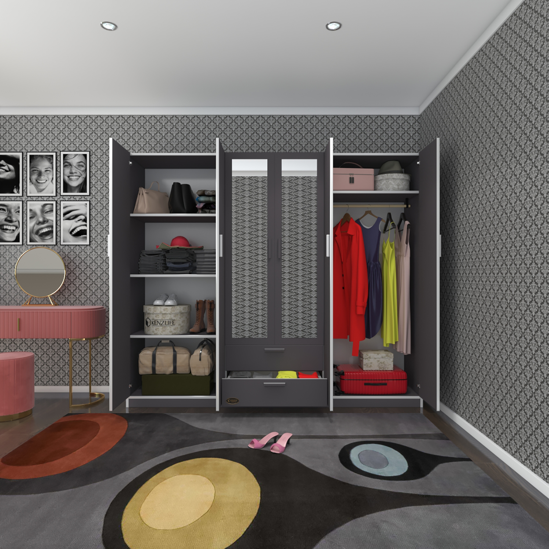 Kenzlife gardırop 6 kapılı çekmeceli begonvil210 gri aynalı kapaklı gardolap dolap