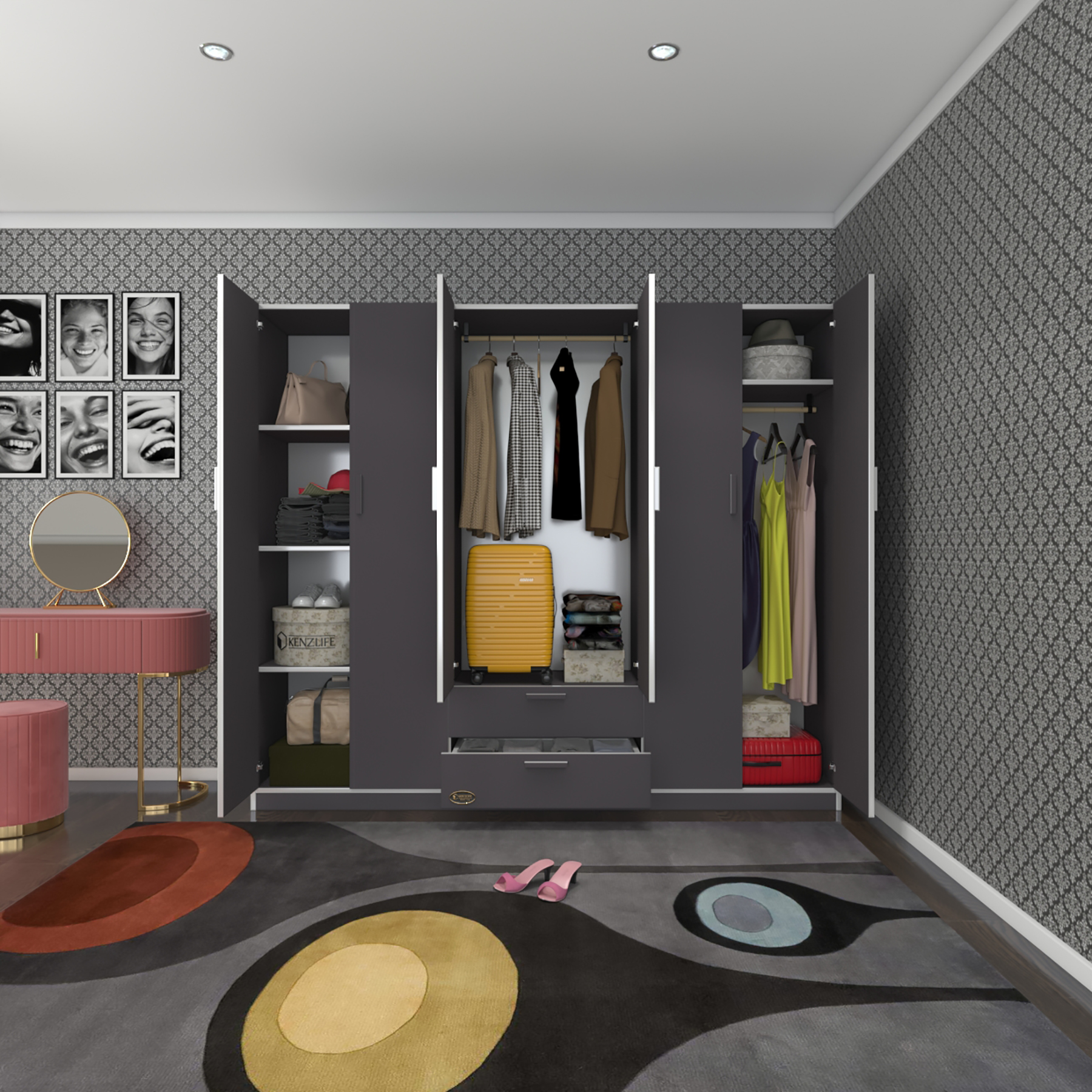 Kenzlife gardırop 6 kapılı çekmeceli begonvil210 gri kapaklı gardolap dolap